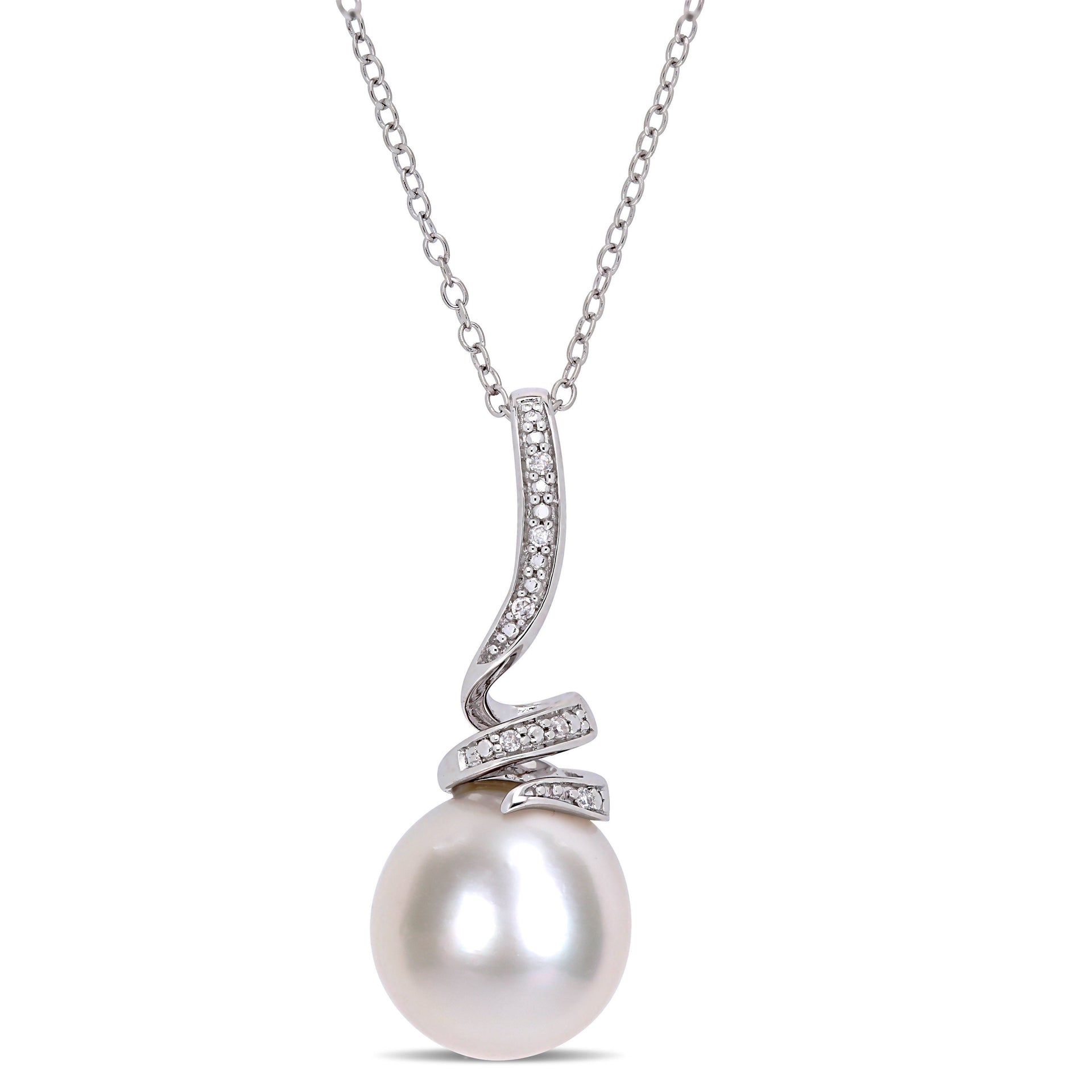 11-12mm Cultured Freshwater Pearl and Diamond Accent Swirl Drop Necklace