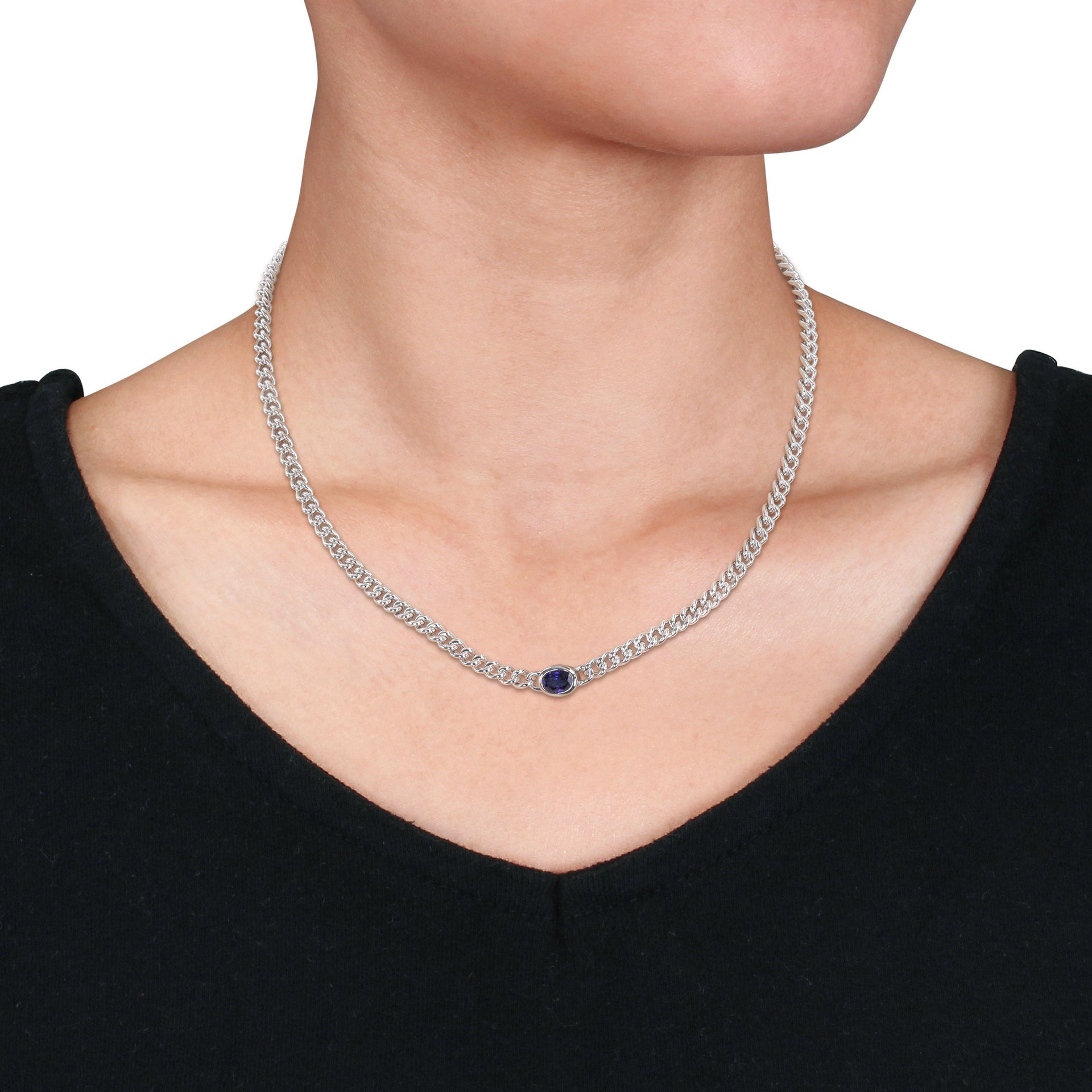 Mimi & Max 1 1/4 CT TGW Oval Created Blue Sapphire Curb Link Chain Necklace in Sterling Silver