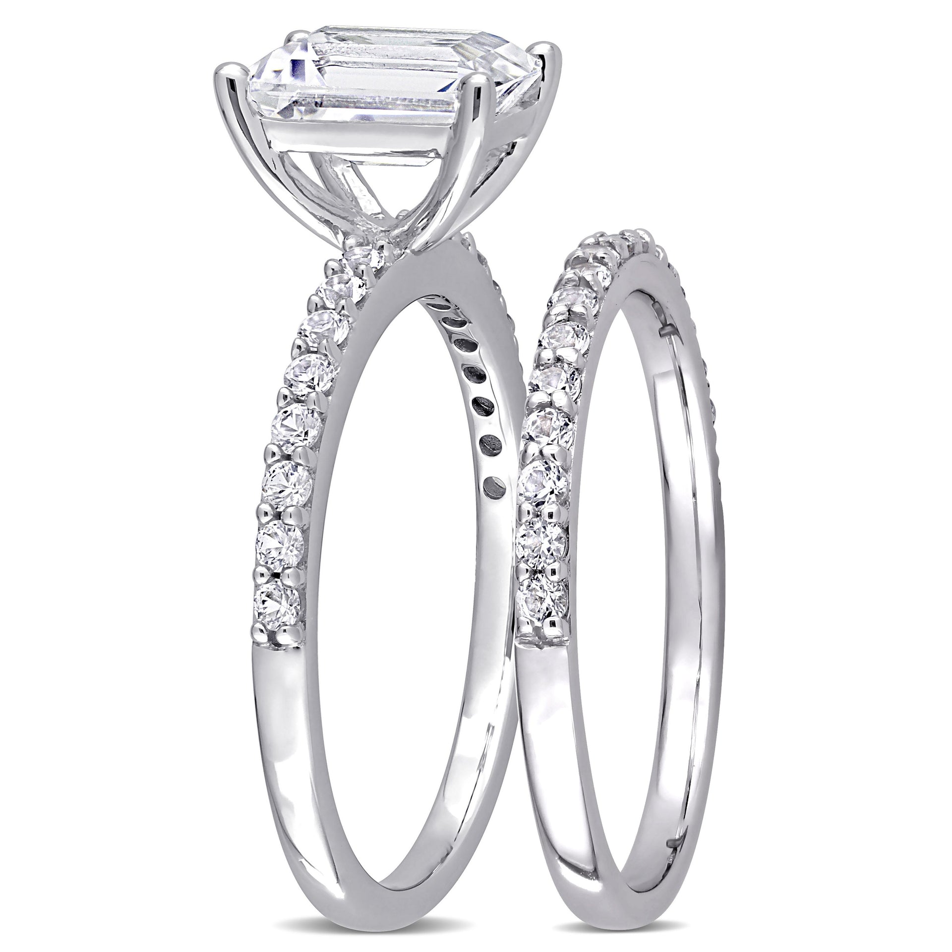 2 3/4 CT TGW Emerald Cut Created White Sapphire Engagement Ring and Matching Eternity Ring 2pc Set in 10K White Gold