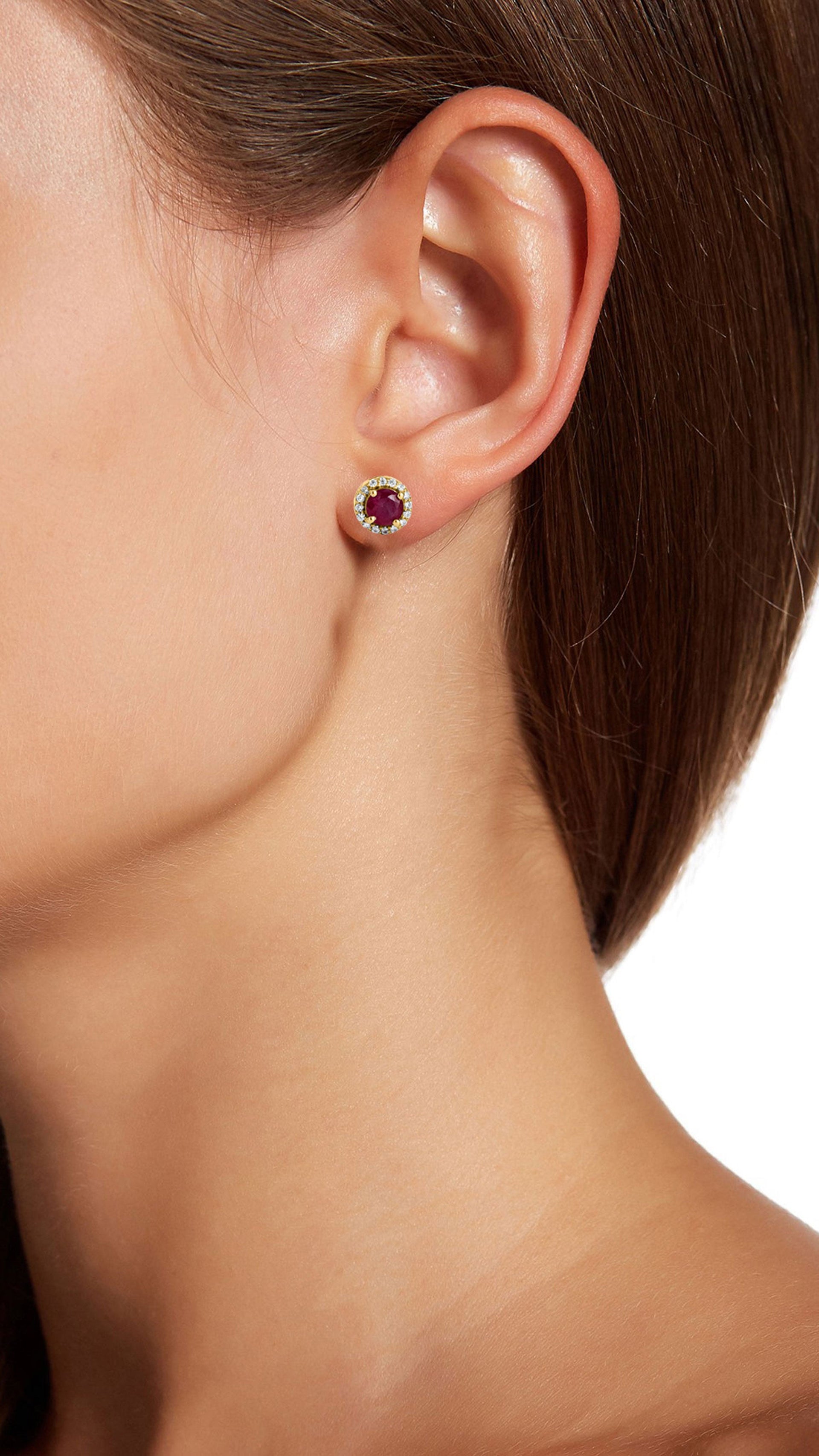 18K Gold Vermeil 1.88Gtw Natural Ruby & White Zircon Stud Earrings