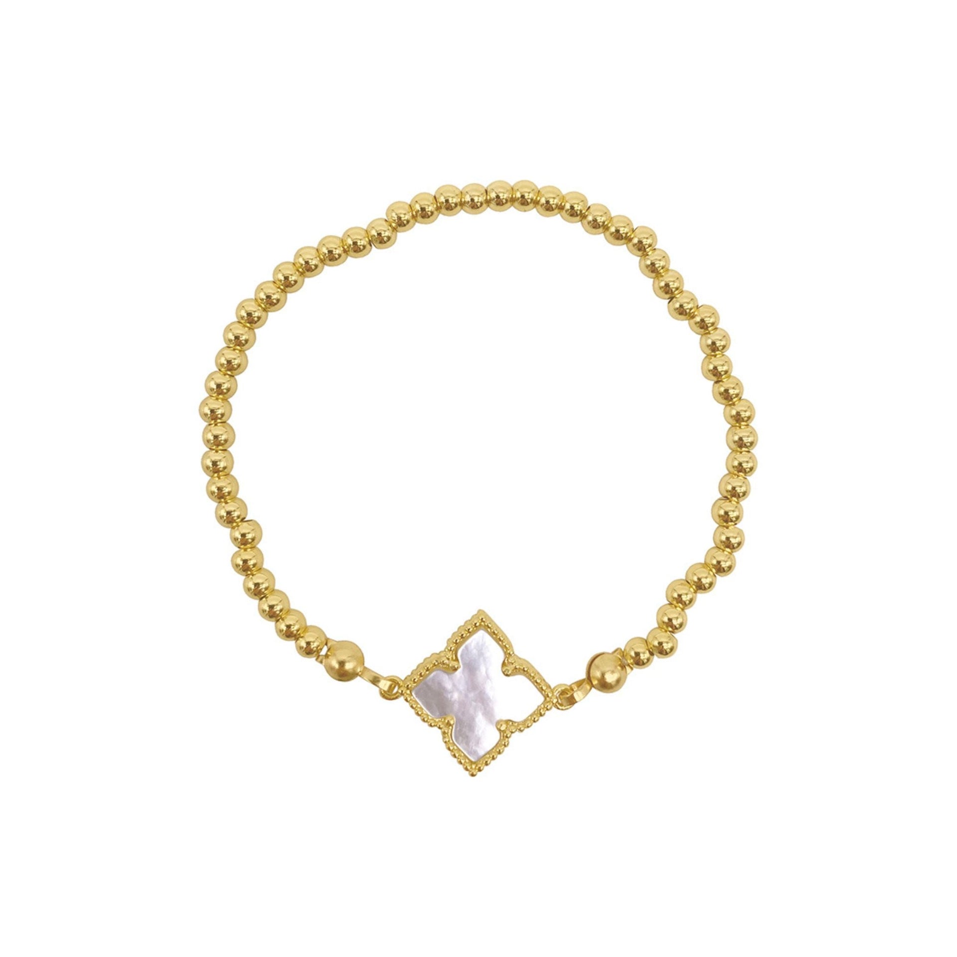 14k Gold Plated White Mother of Pearl Flower Ball Bracelet