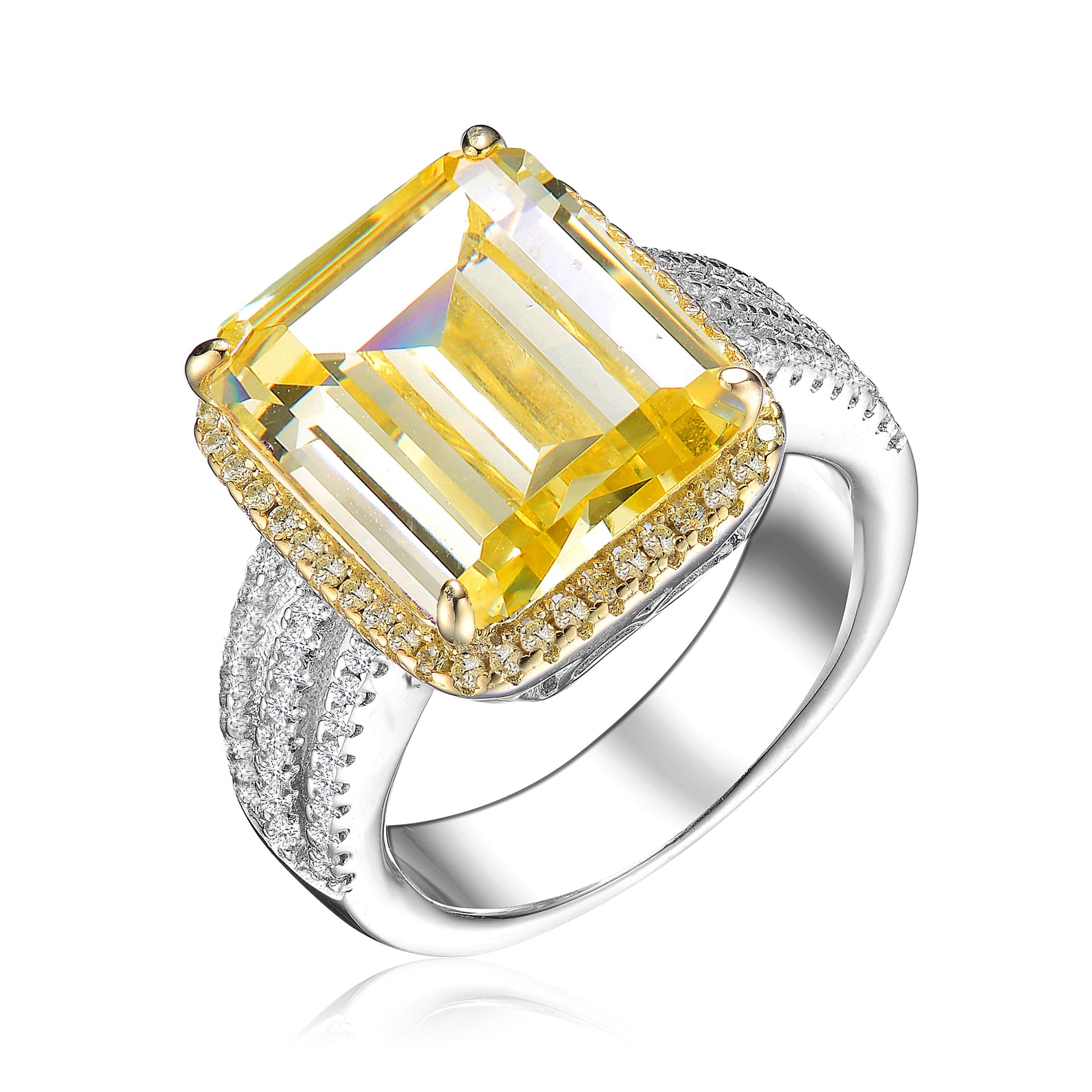 Sterling Silver Yellow Asscher Cubic Zirconia Triple Pave Ring