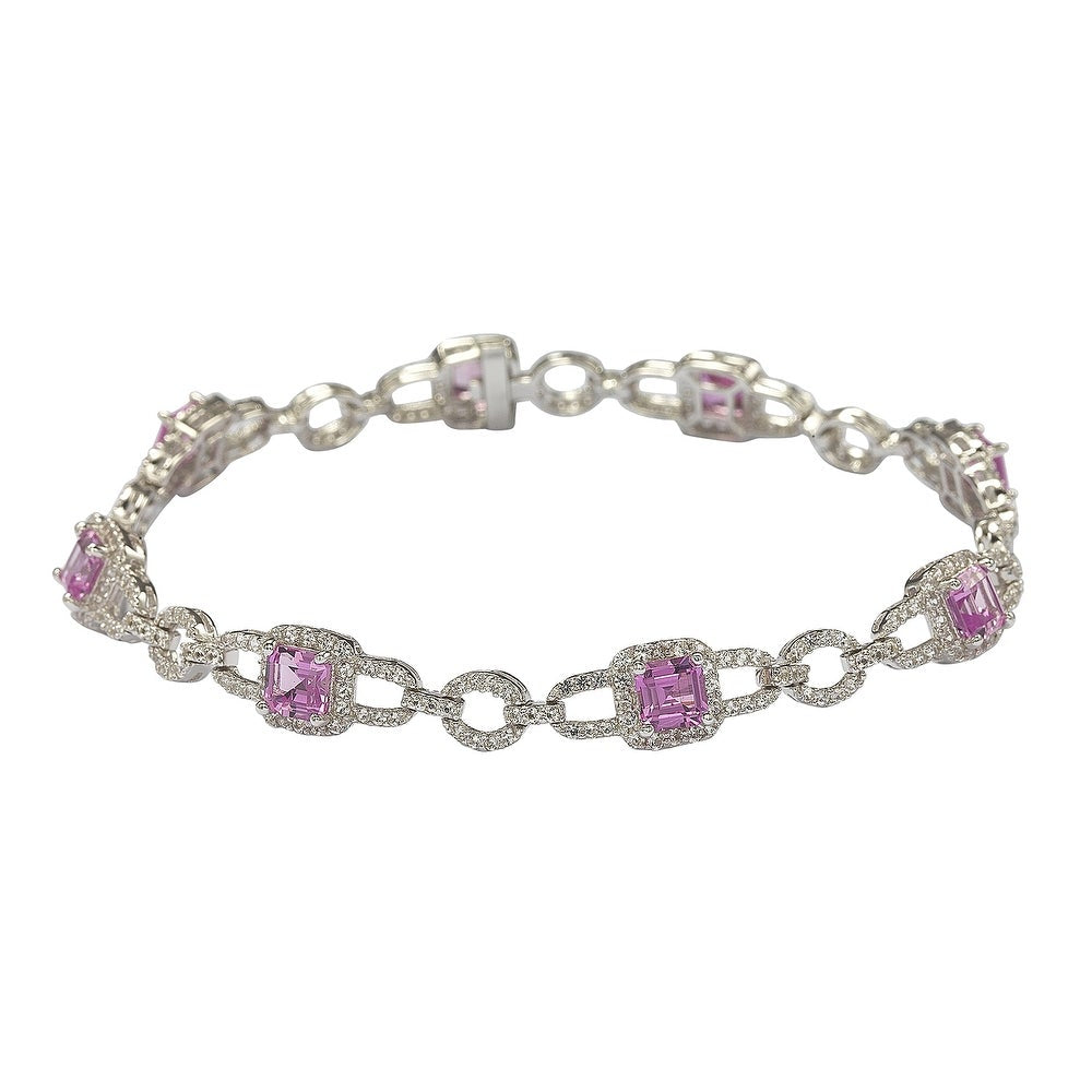 Suzy Levian Sterling Silver Asscher Cut Pink Sapphire & Diamond Accent Tennis Bracelet