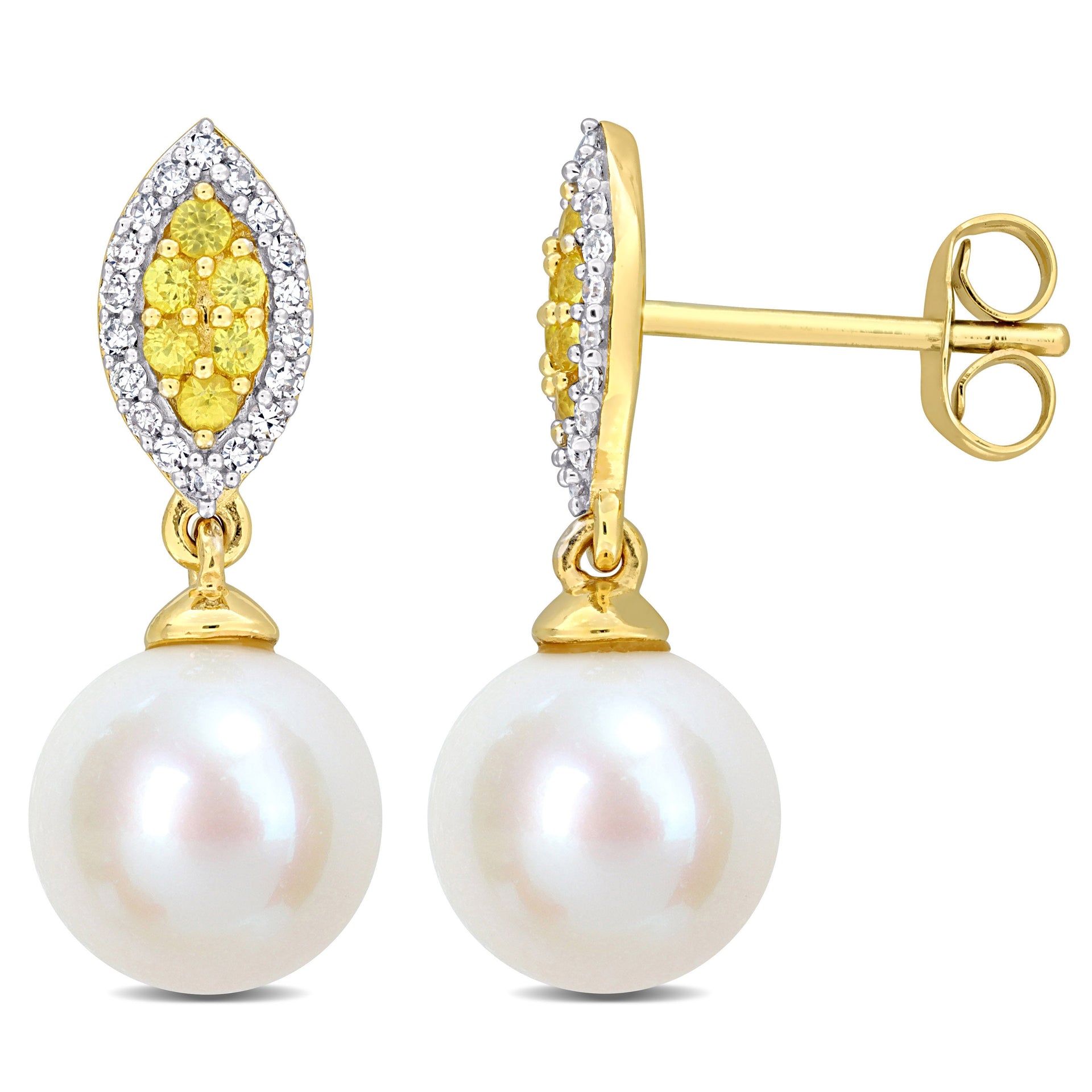 Mimi & Max 8mm Cultured Freshwater Pearl 1/7ct TDW Diamond & Yellow Sapphire Marquise Earrings 14k Yellow Gold