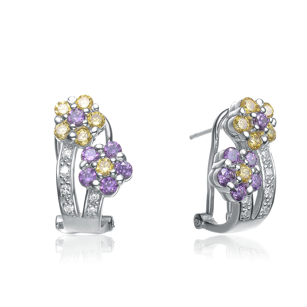 Sterling Silver Sapphire Cubic Zirconia Flower Shape Earrings