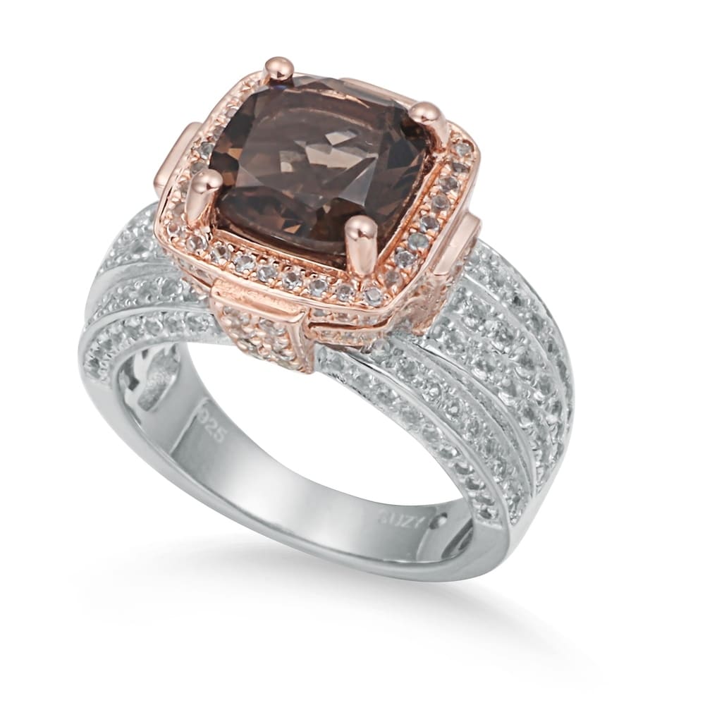 Suzy Levian Sterling Silver Cushion 4.96 cttw Smoky Quartz Ring