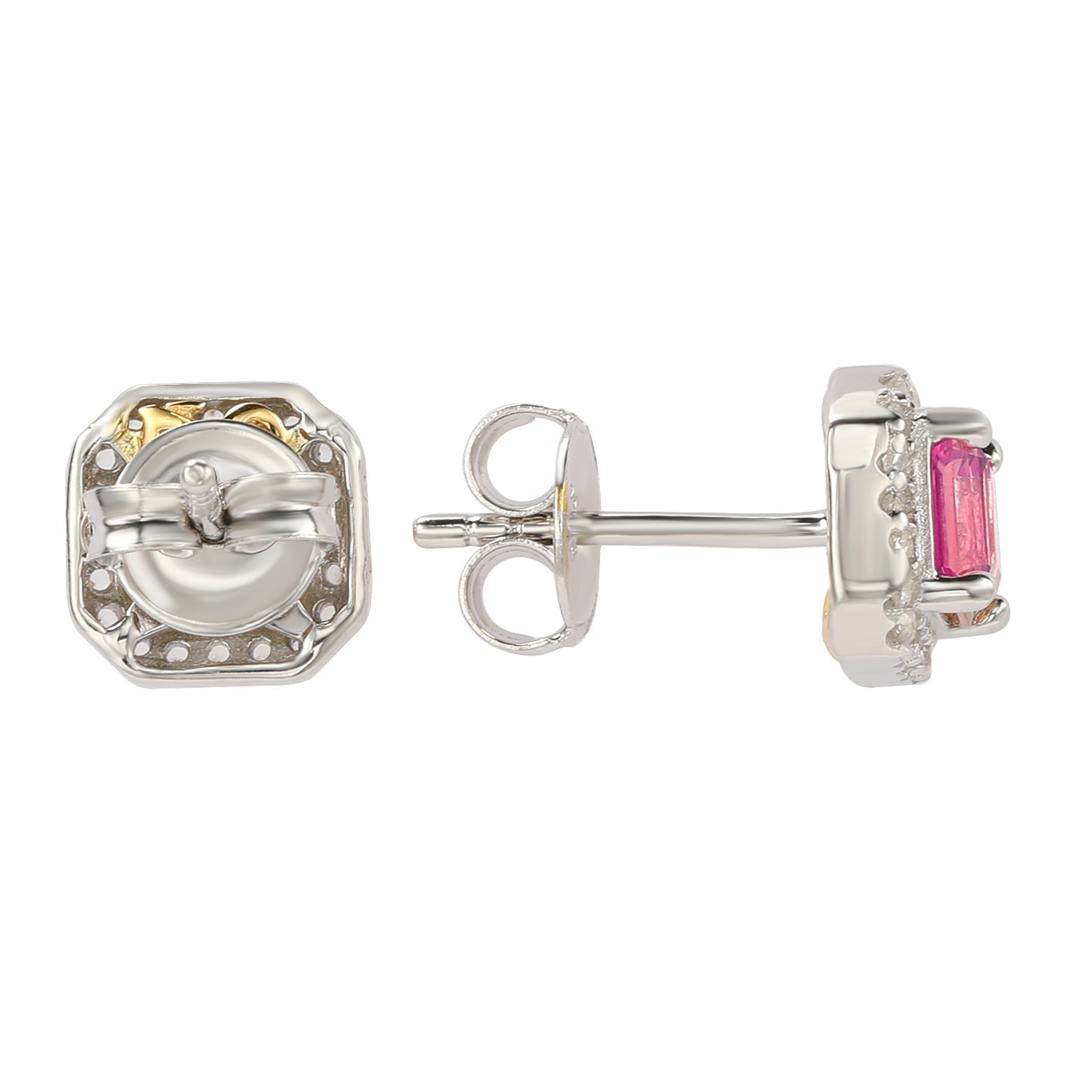 Suzy Levian Sterling Silver Assher Cut Pink Sapphire Halo Stud Earrings