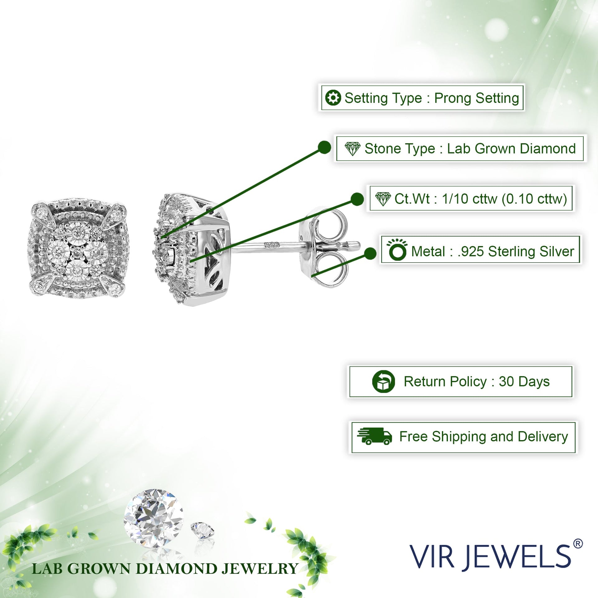 1/10 cttw Round Cut Lab Grown Diamond Stud Earrings in .925 Sterling Silver with Push Back