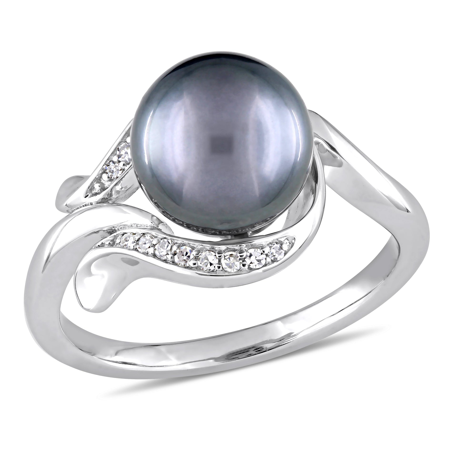 Mimi & Max 8.5 - 9 MM Black Tahitian Pearl Diamond Accent Ring 14k White Gold