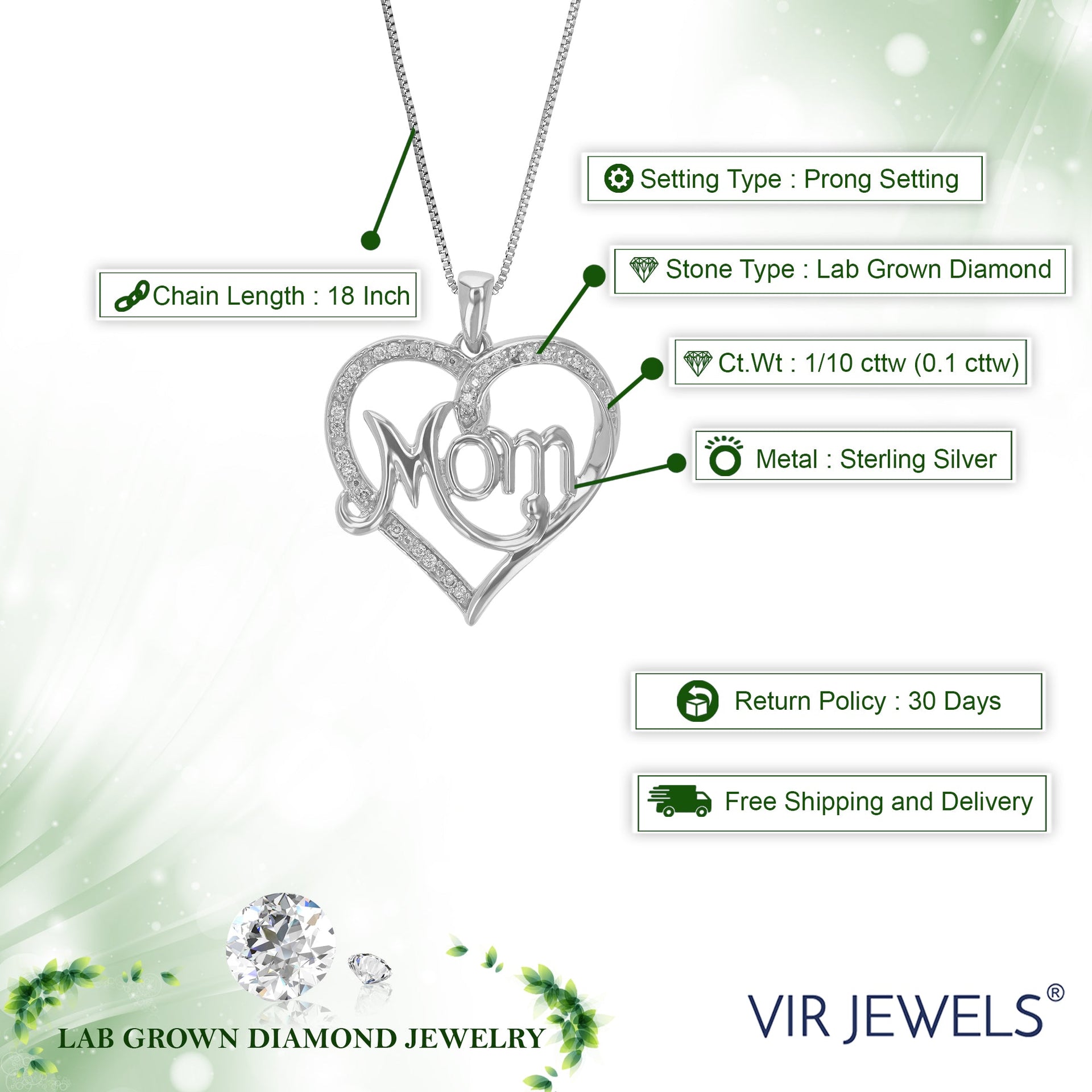 1/10 cttw Lab Grown Diamond Heart And Mom Pendant Necklace .925 Sterling Silver 3/4 Inch With 18 Inch Chain