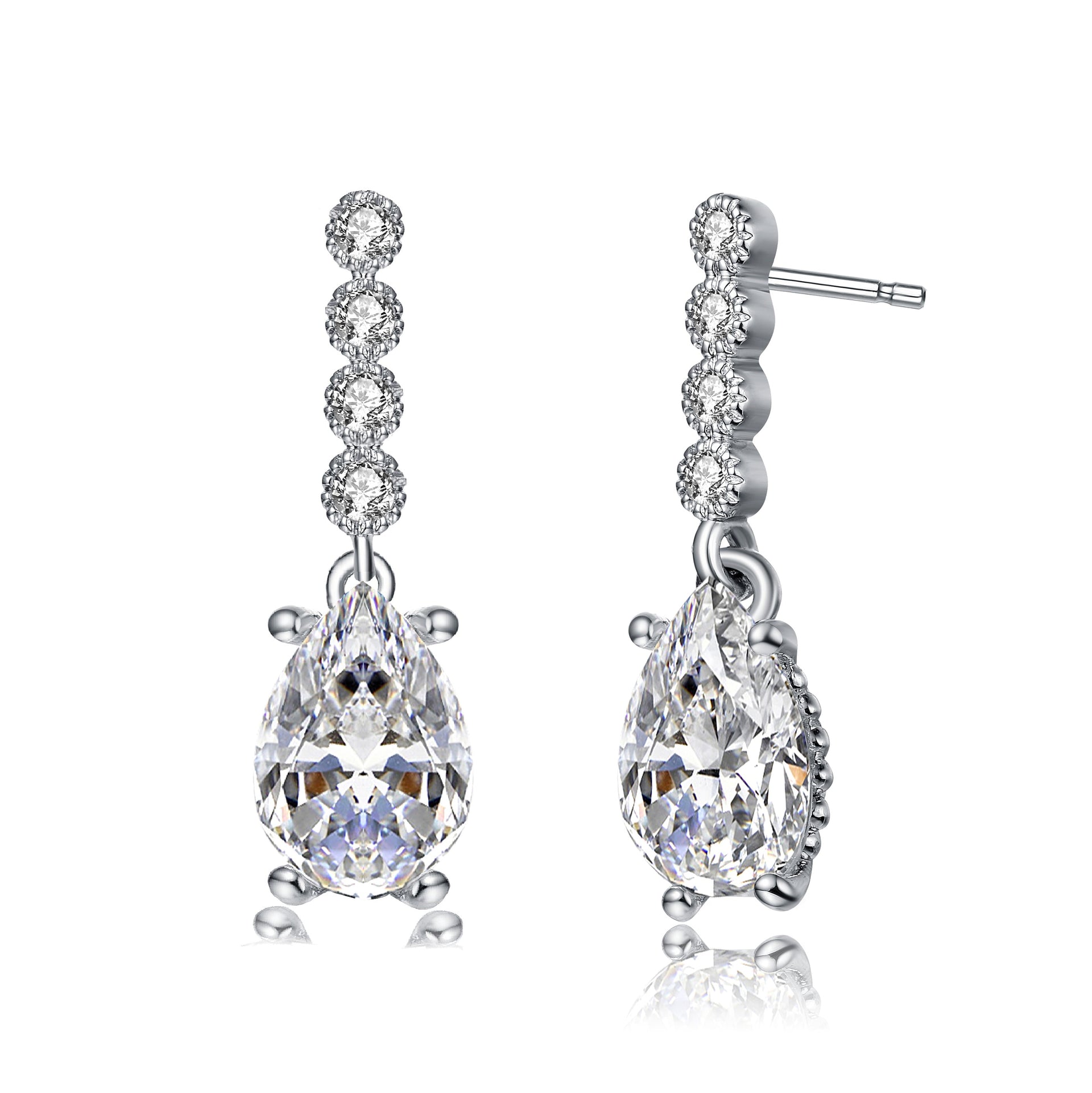 Sterling Silver Rhodium Plated With Clear Baguette And Round Cubic Zirconia Stud Earrings