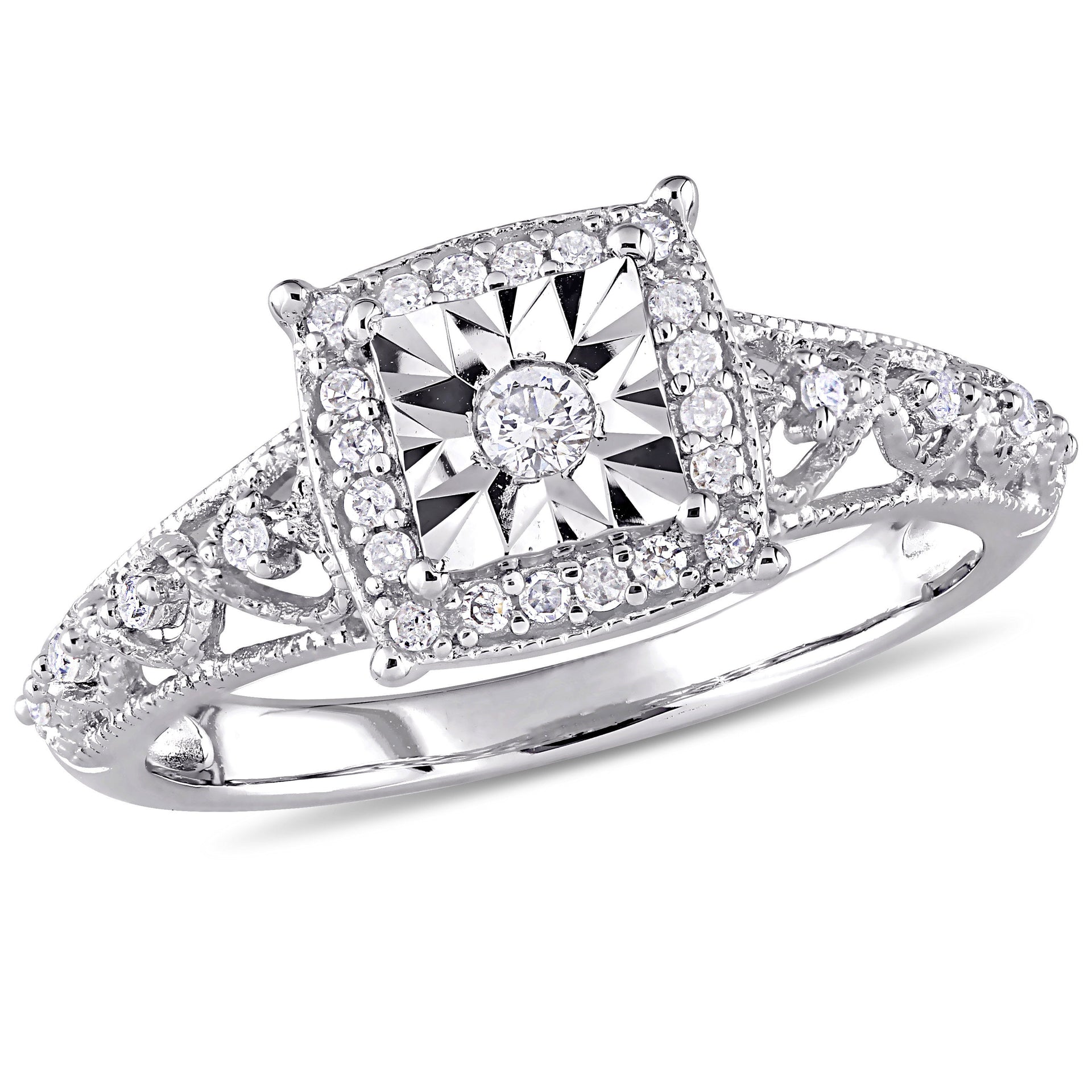 Mimi & Max 1/5ct TW Diamond Square Halo Vintage Promise Ring Sterling Silver