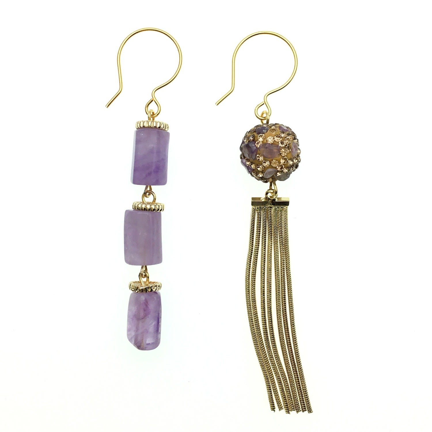 Amethyst With Rhinestones Bordered Asymmetric Earrings