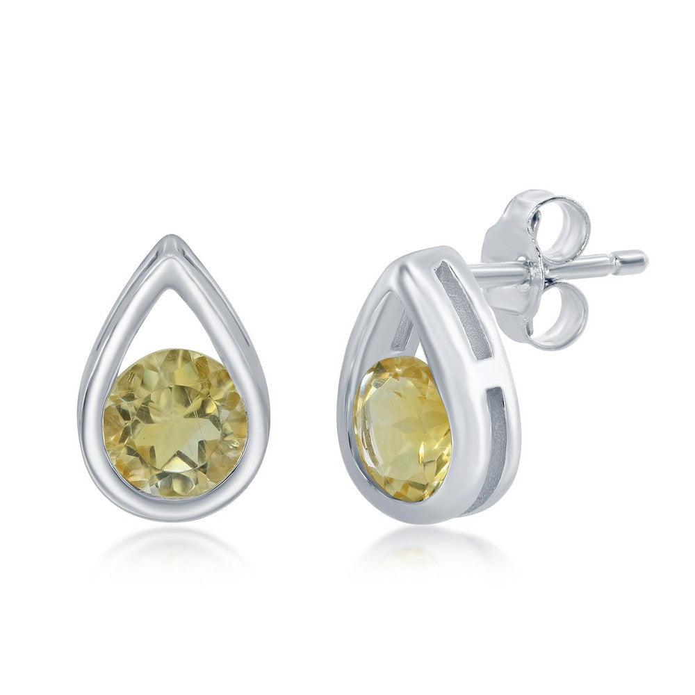 Sterling Silver Pearshaped Earrings W/Round 'November Birthstone' Gemstone Studs - Citrine