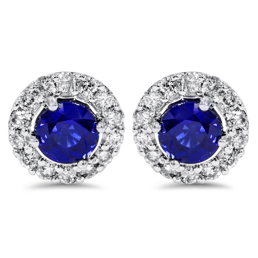 2 CT Halo Diamond Blue Sapphire Studs 14K White Gold (Not Enhanced)