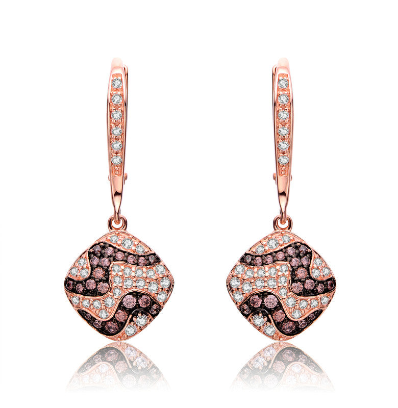 Sterling Silver 18k Rose Gold Plated with Coffee Cubic Zirconia Square Dangle Earrings