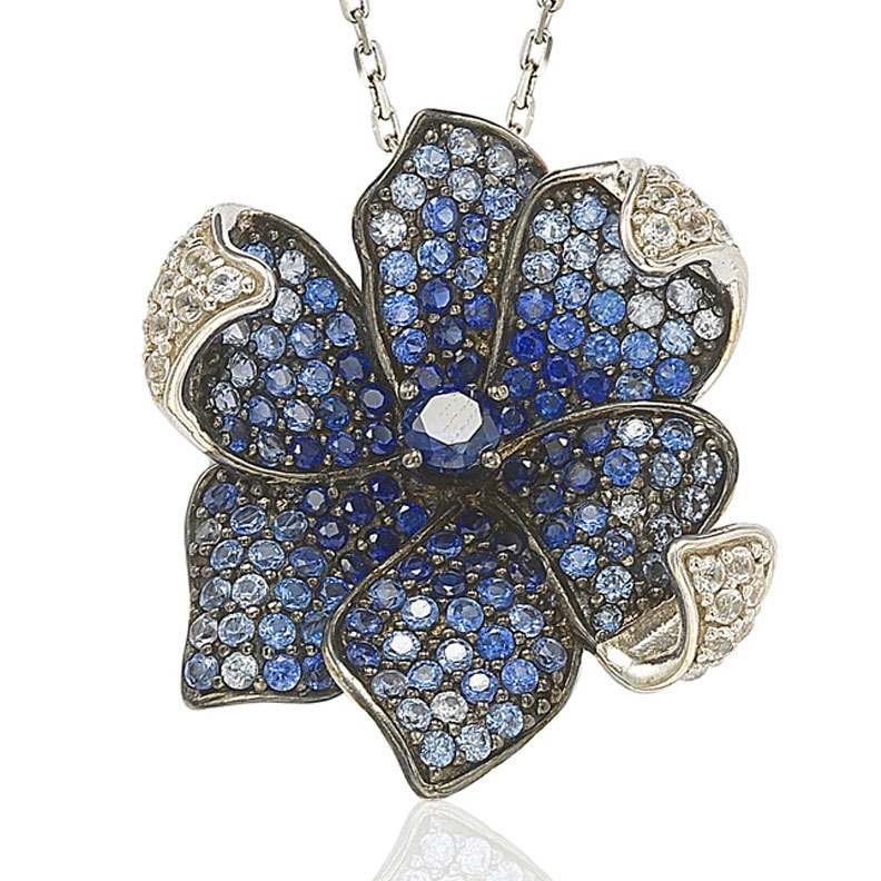 Suzy Levian Sapphire and Diamond Accent in Sterling Silver Pendant with 18' Chain