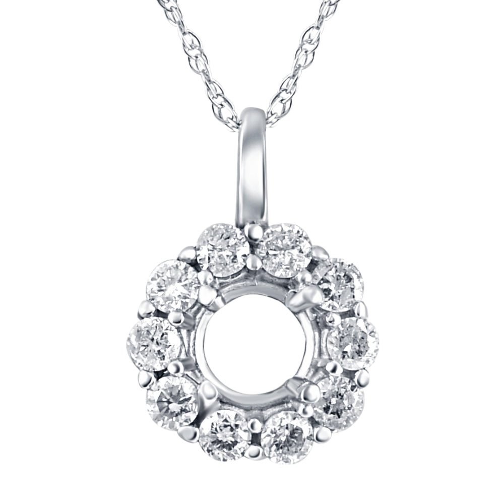1/3ct Diamond Halo Pendant Mounting Fits 5.5-6.5mm Round Stone 14k White Gold