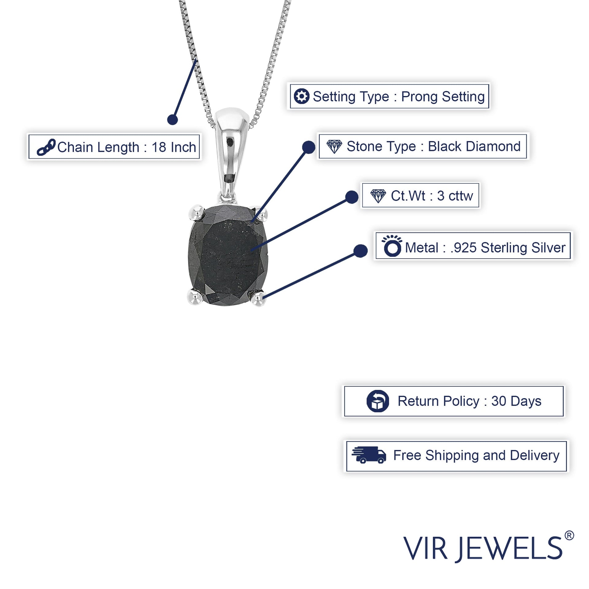 3 cttw Oval Shape Black Diamond Pendant Necklace Sterling Silver With Chain