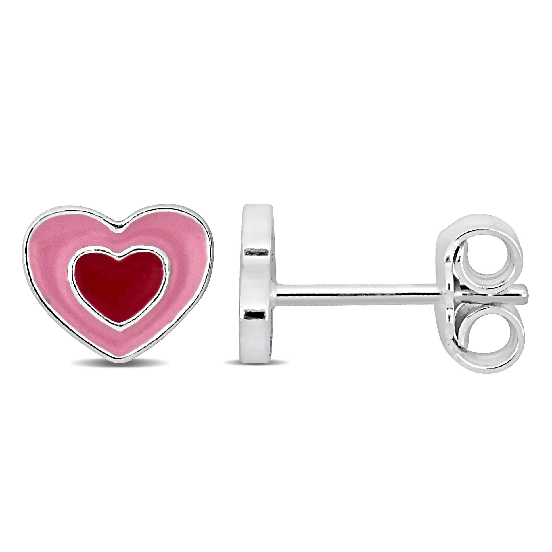 Mimi & Max Pink Enamel Heart Stud Earrings in Sterling Silver