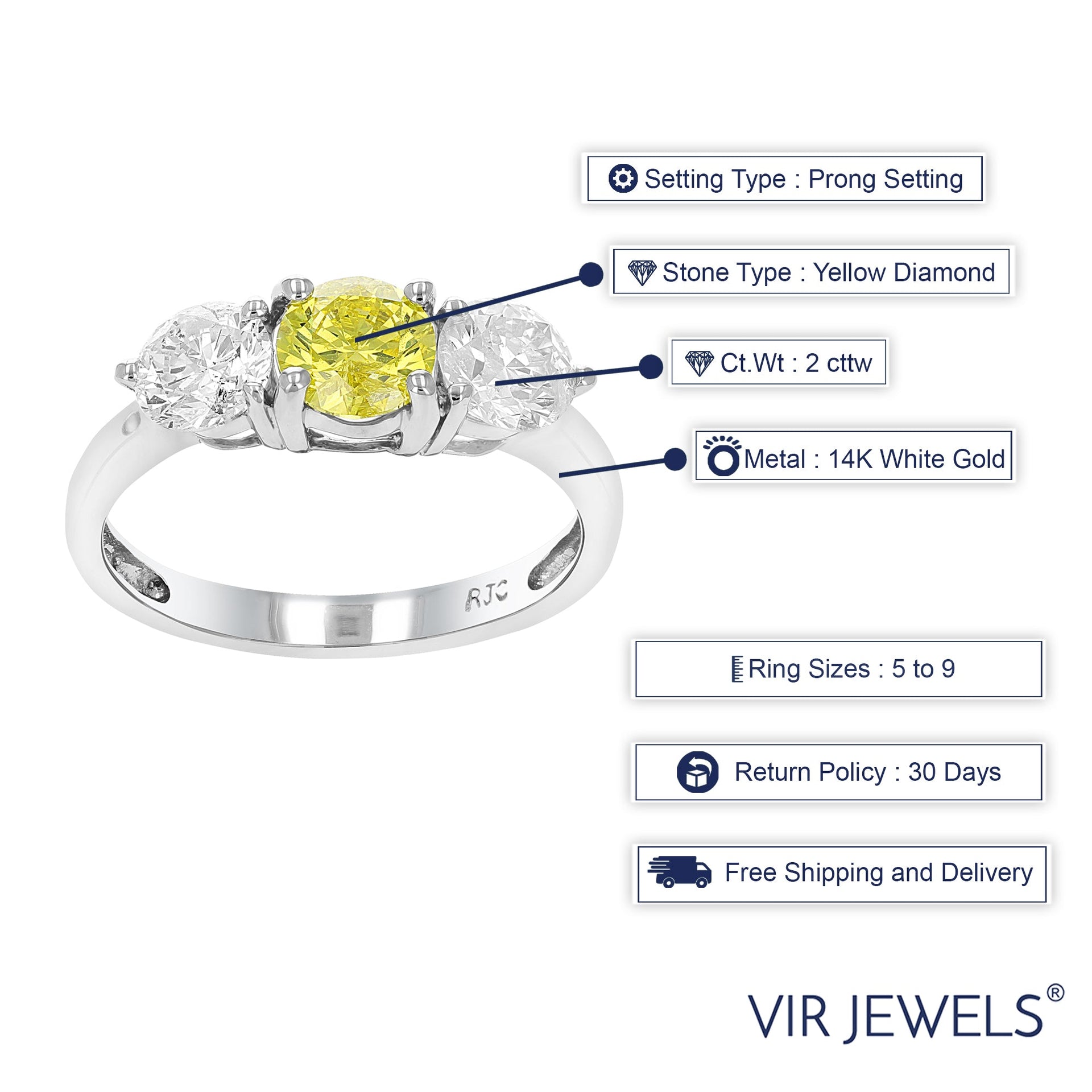 2 cttw 3 Stone Yellow and White Diamond Engagement Ring 14K White Gold