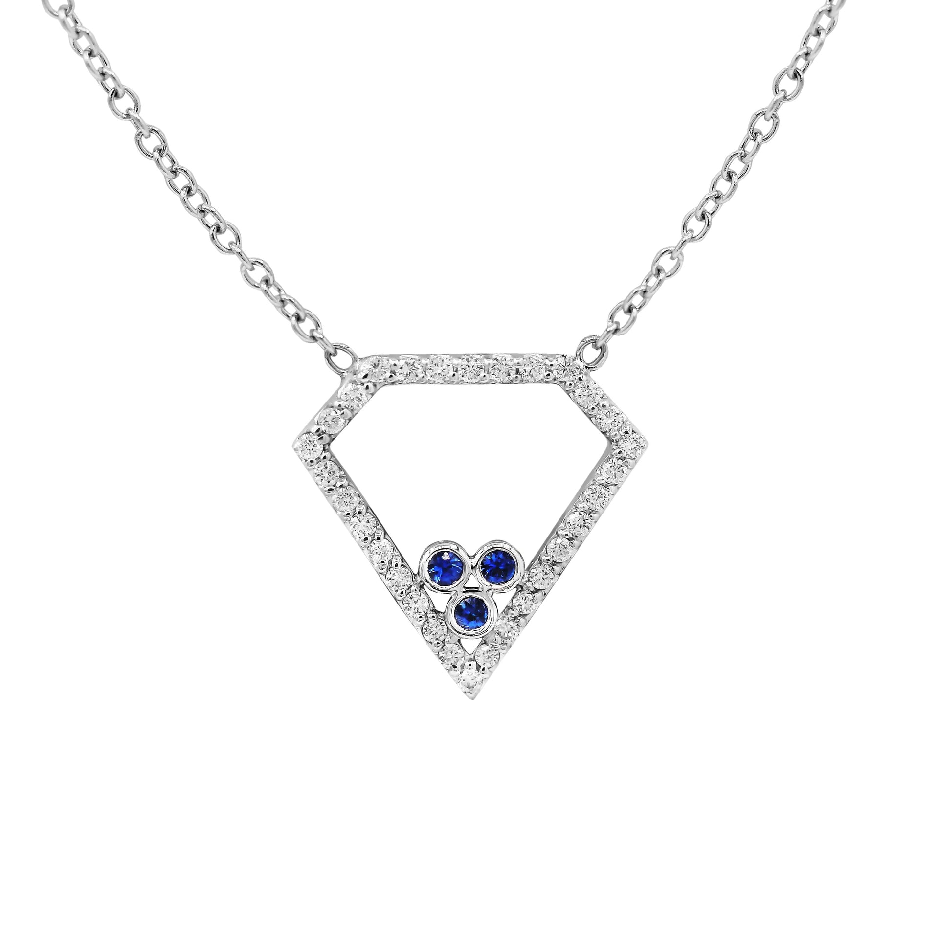 18kt white gold diamond and sapphire diamond shaped pendant featuring 0.60 cts tw