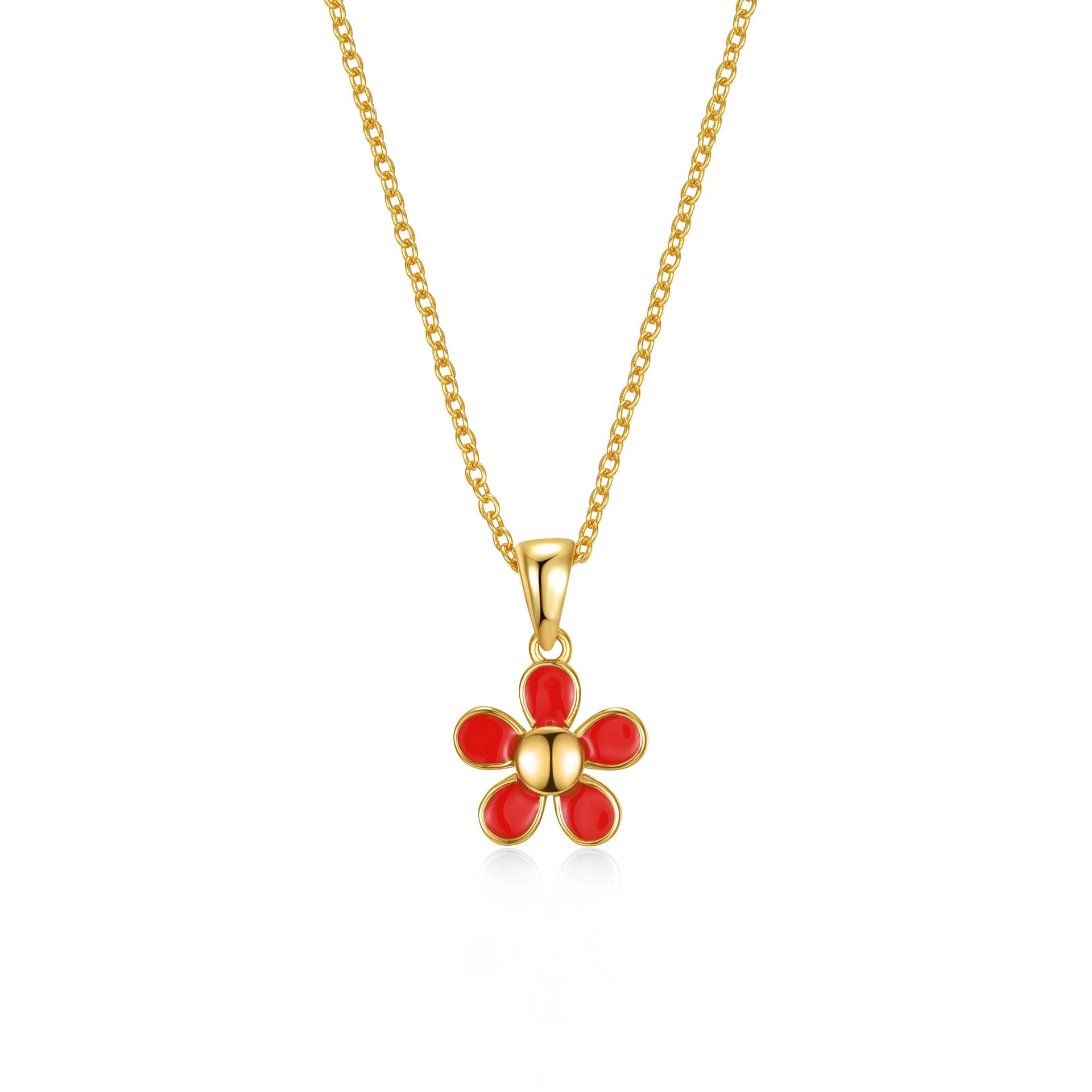 Ga 14k Yellow Gold Plated Red Enamel Blooming Flower Layering Necklace