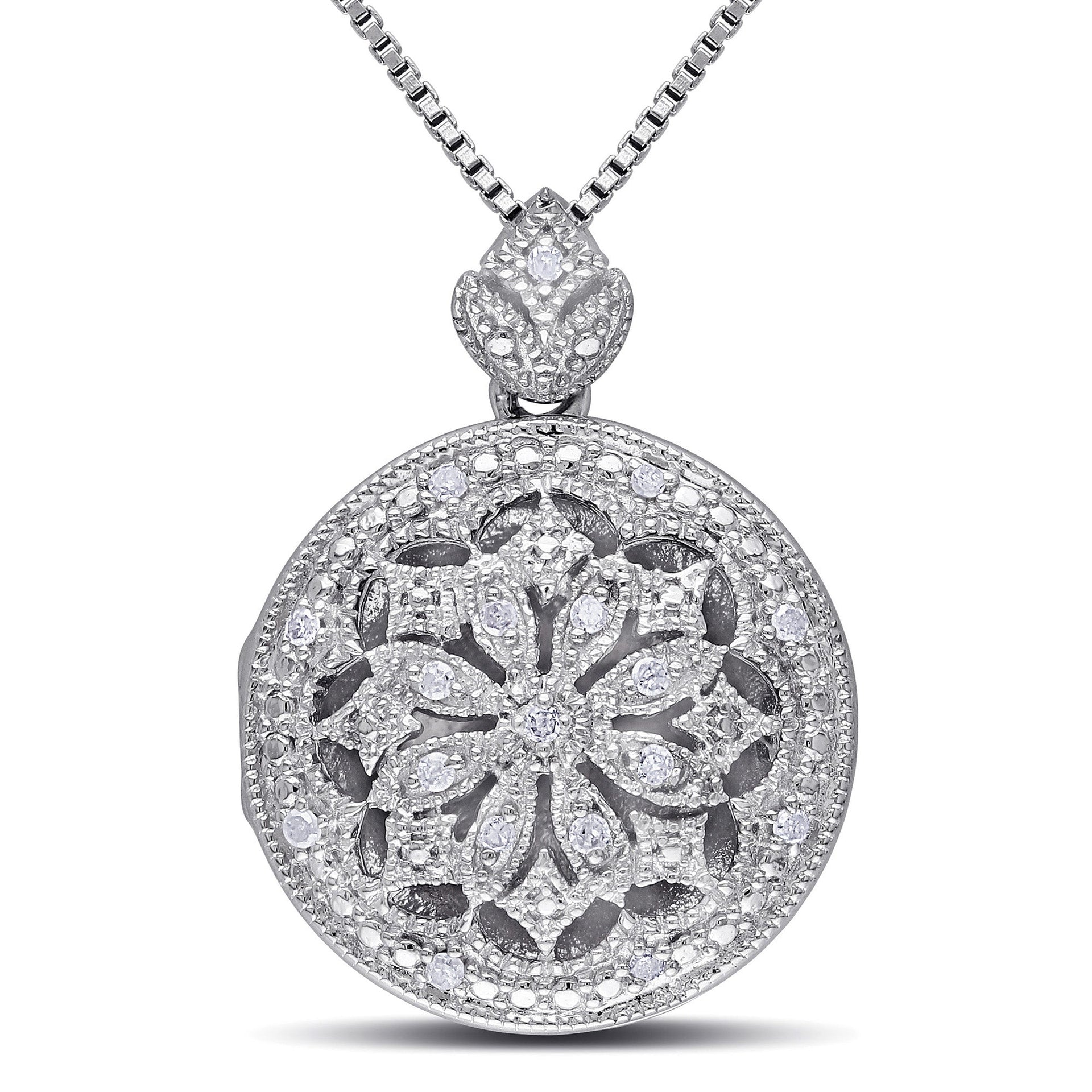 Mimi & Max 1/10ct TDW Diamond Floral Vintage Locket Pendant with Chain in Sterling Silver