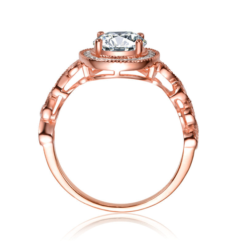 GENEVIVE Sterling Silver Rose Gold Plated Cubic Zirconia Pave Solitaire Ring