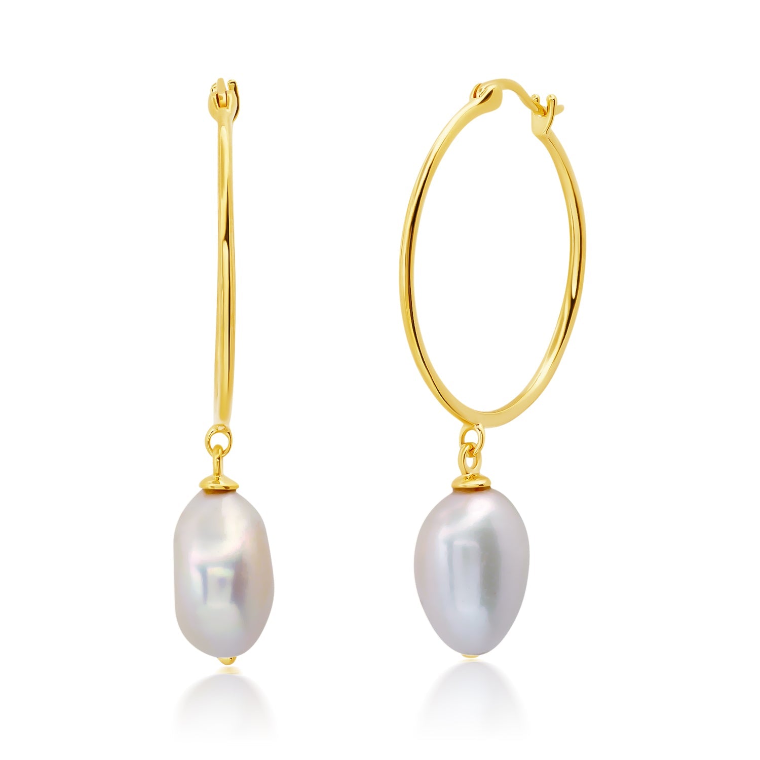 18K Yellow Gold Over Sterling Silver Vermeil Freshwater Cultured Pearl Hoops (26MM)