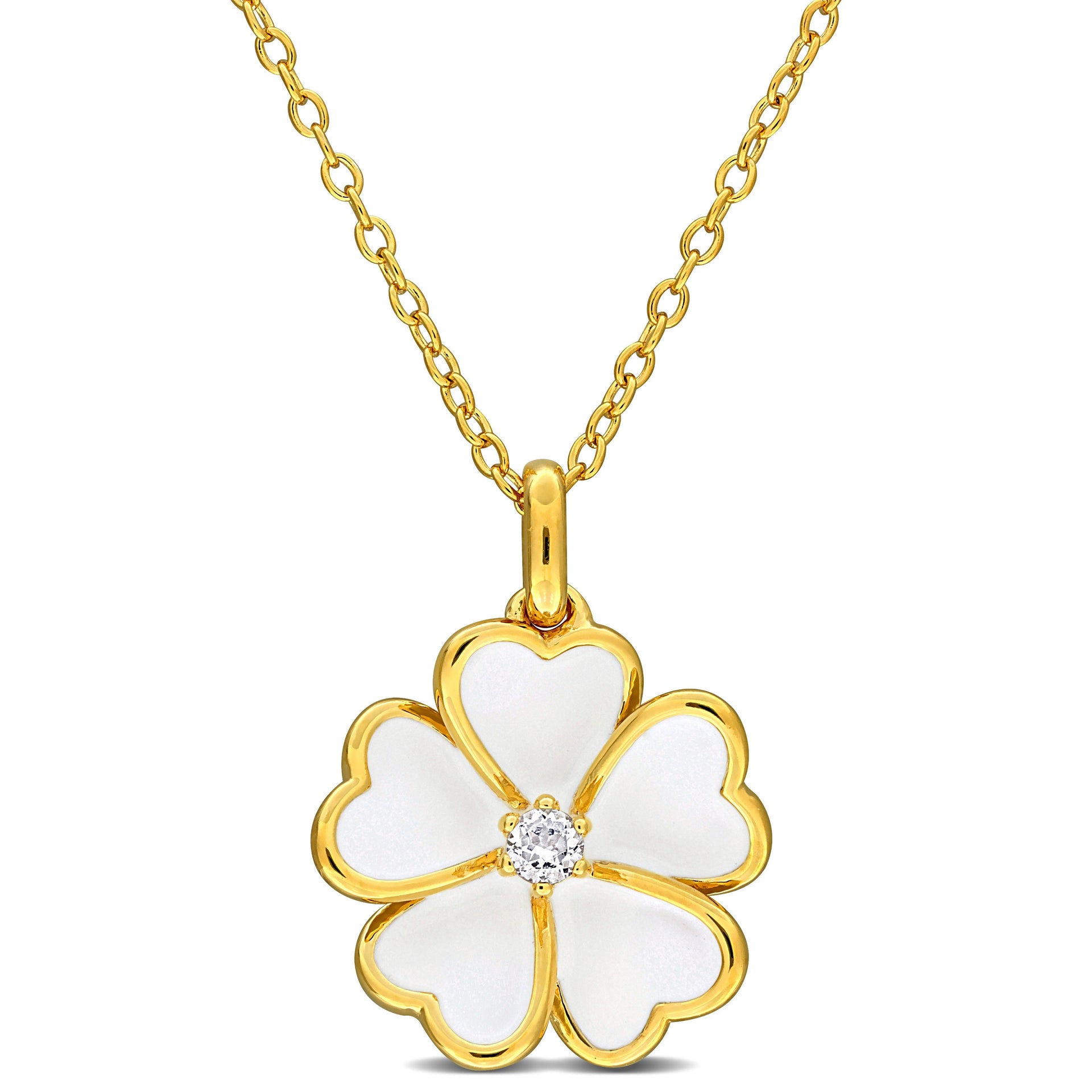 Mimi & Max 1/10ct White Topaz White Enamel Plated Flower Necklace Yellow Silver