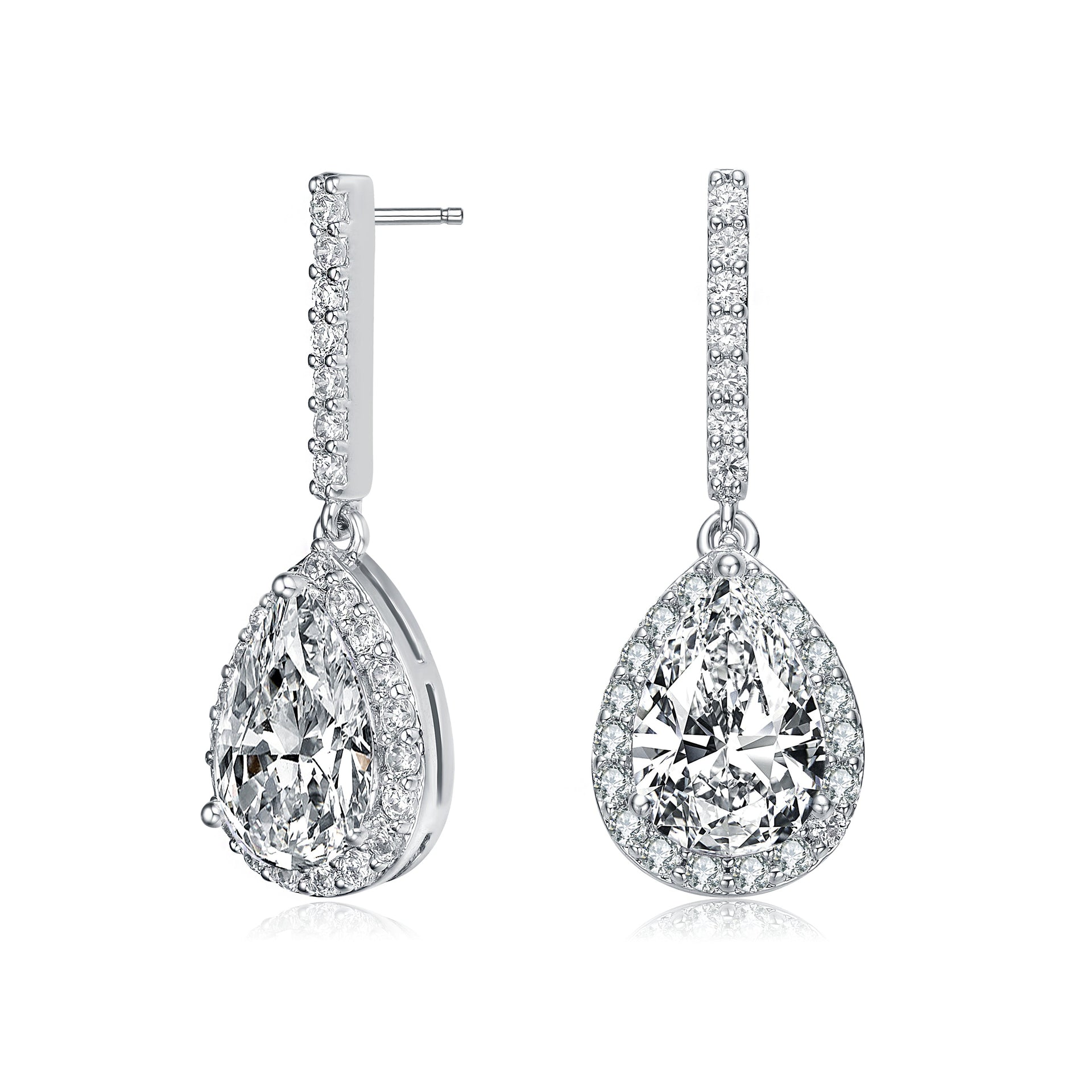 Sterling Silver With Rhodium Plated Clear Pear And Round Cubic Zirconia Halo Linear Drop Earrings
