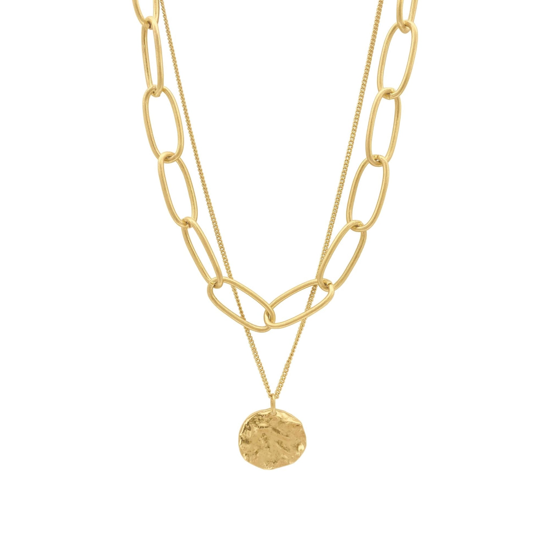 14k Gold Plated Oval Link Chain And Coin Pendant Layered Necklace