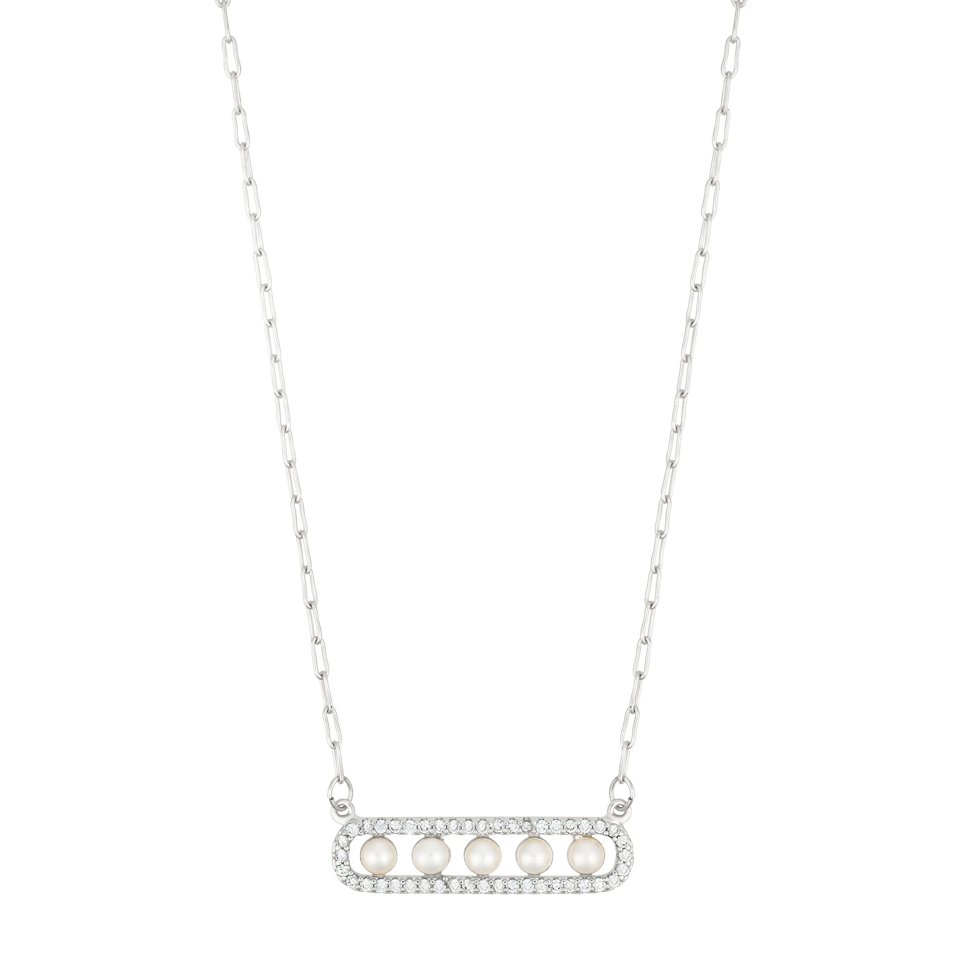 Silver Plated Pearl Pave Bar Necklace