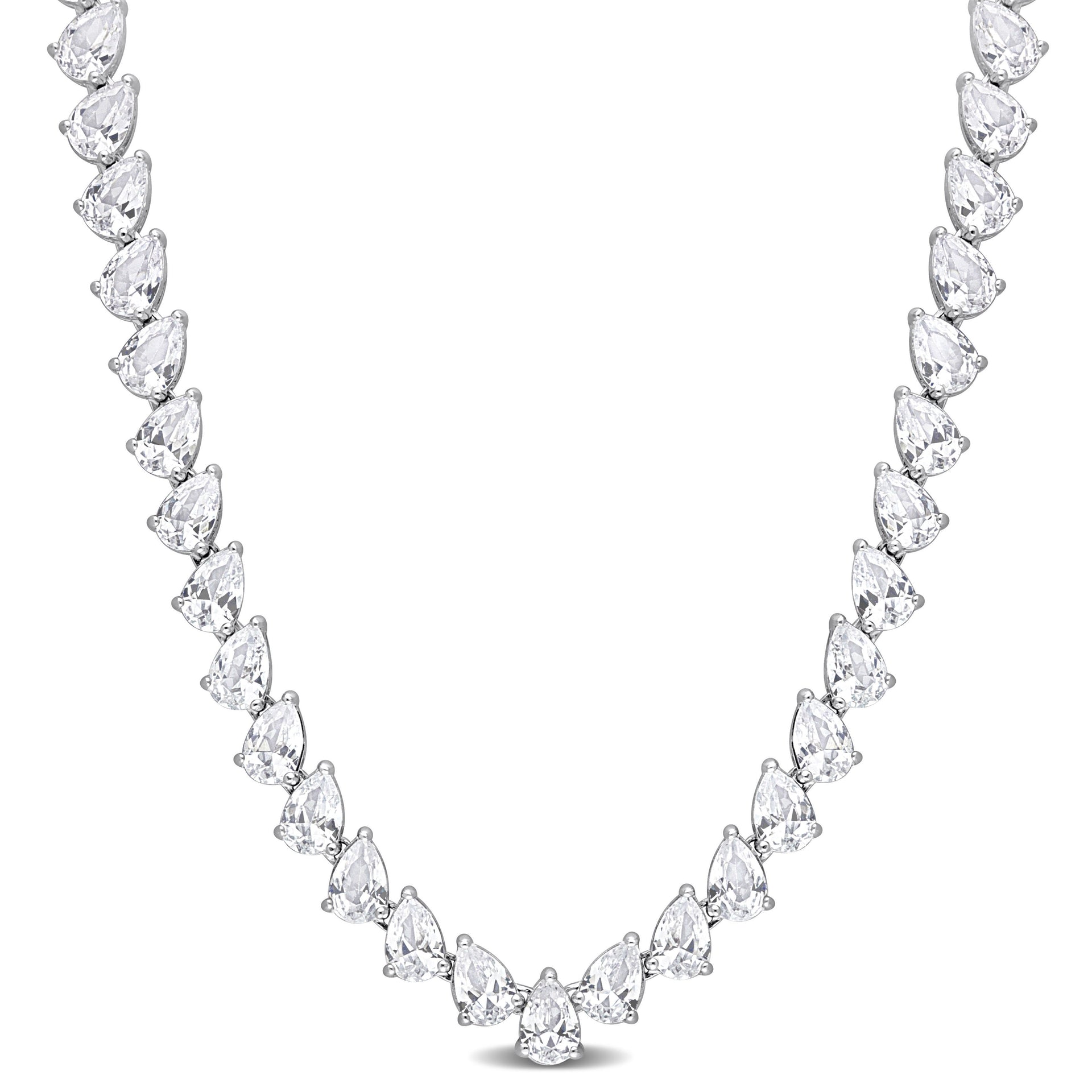 39 1/2 CT TGW Created White Sapphire Teardrop Tennis Necklace in Sterling Silver