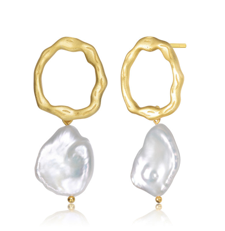 Sterling Silver 14k Gold Plated With Genuine Freshwater Pearl Drop Round Earrings