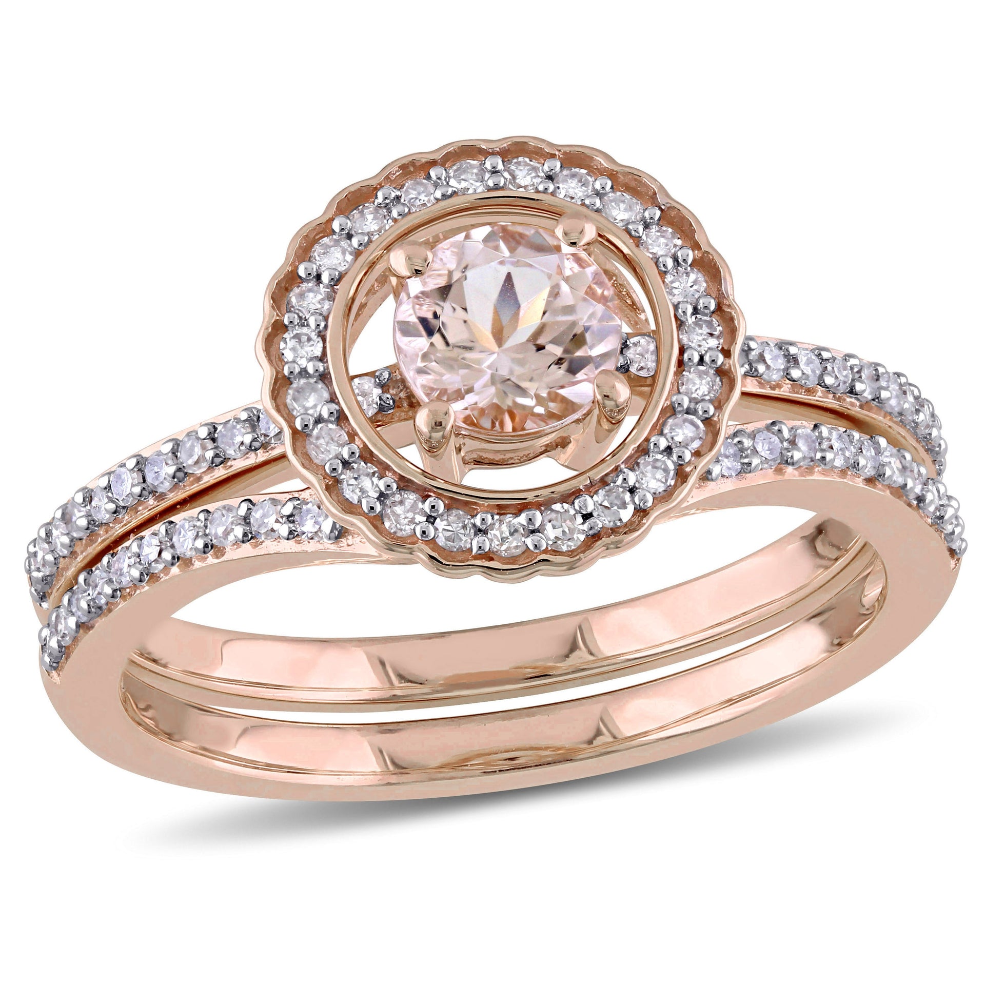 Mimi & Max Morganite And 1/3ct TW Diamond Halo Bridal Ring Set 10k Rose Gold