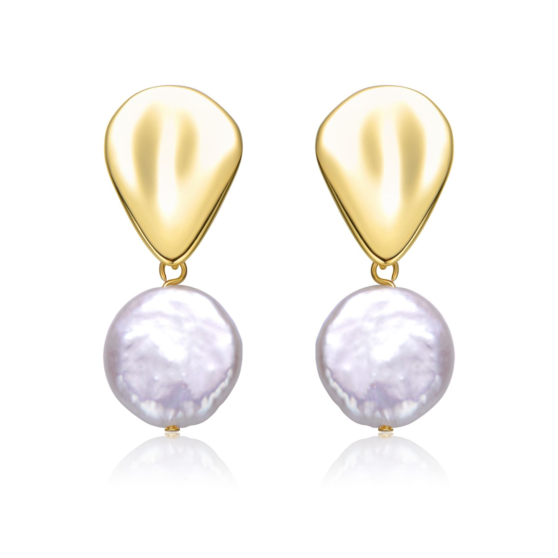Sterling Silver 14k Yellow Gold Plated with White Coin Pearl Raindrop Double Dangle Drop Earrings