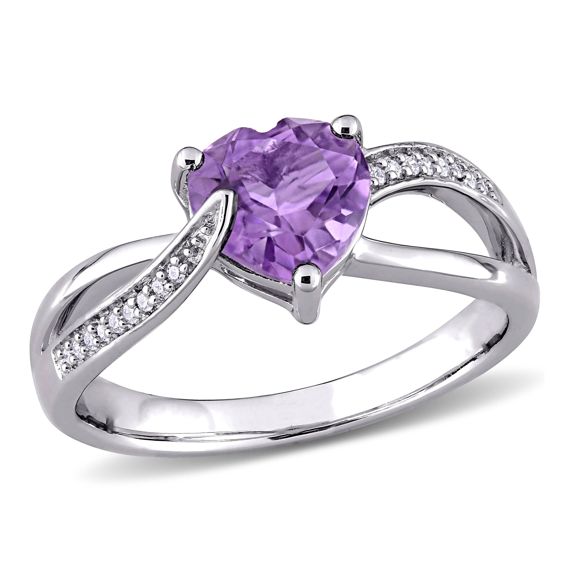 1ct TW Amethyst and Diamond Accents Heart Crossover Ring in Sterling Silver