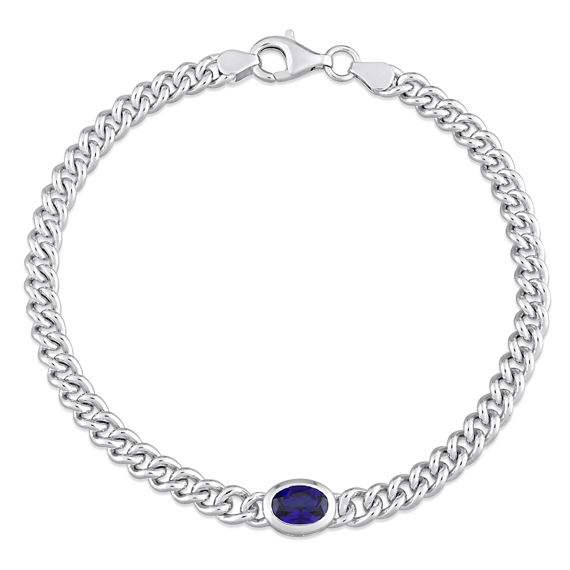 Mimi & Max 1 1/4 CT TGW Oval Created Blue Sapphire Curb Link Chain Bracelet in Sterling Silver