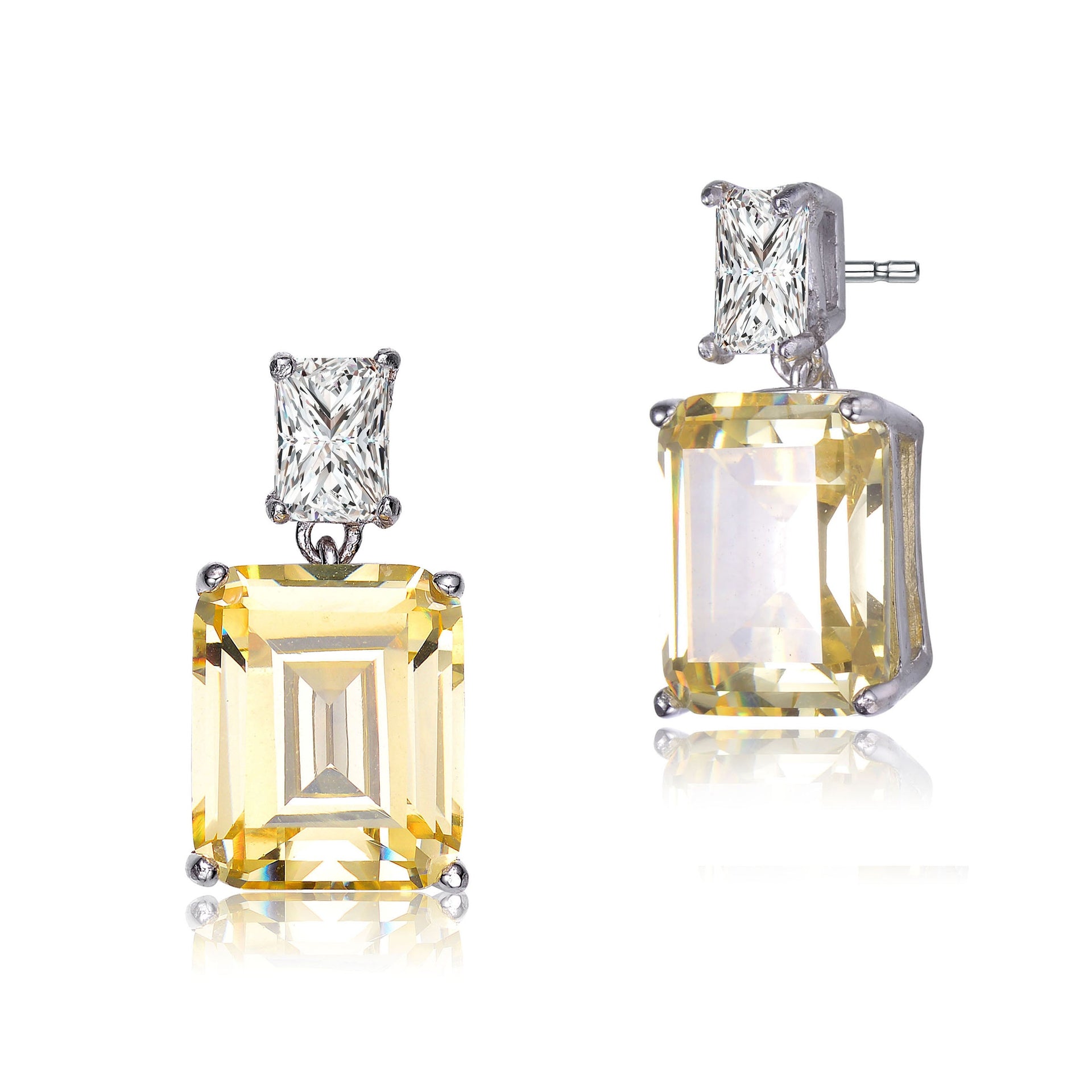 Ga Sterling Silver With Rhodium Plated Clear And Yellow Emerald Cubic Zirconia Two-stone Drop Earrings
