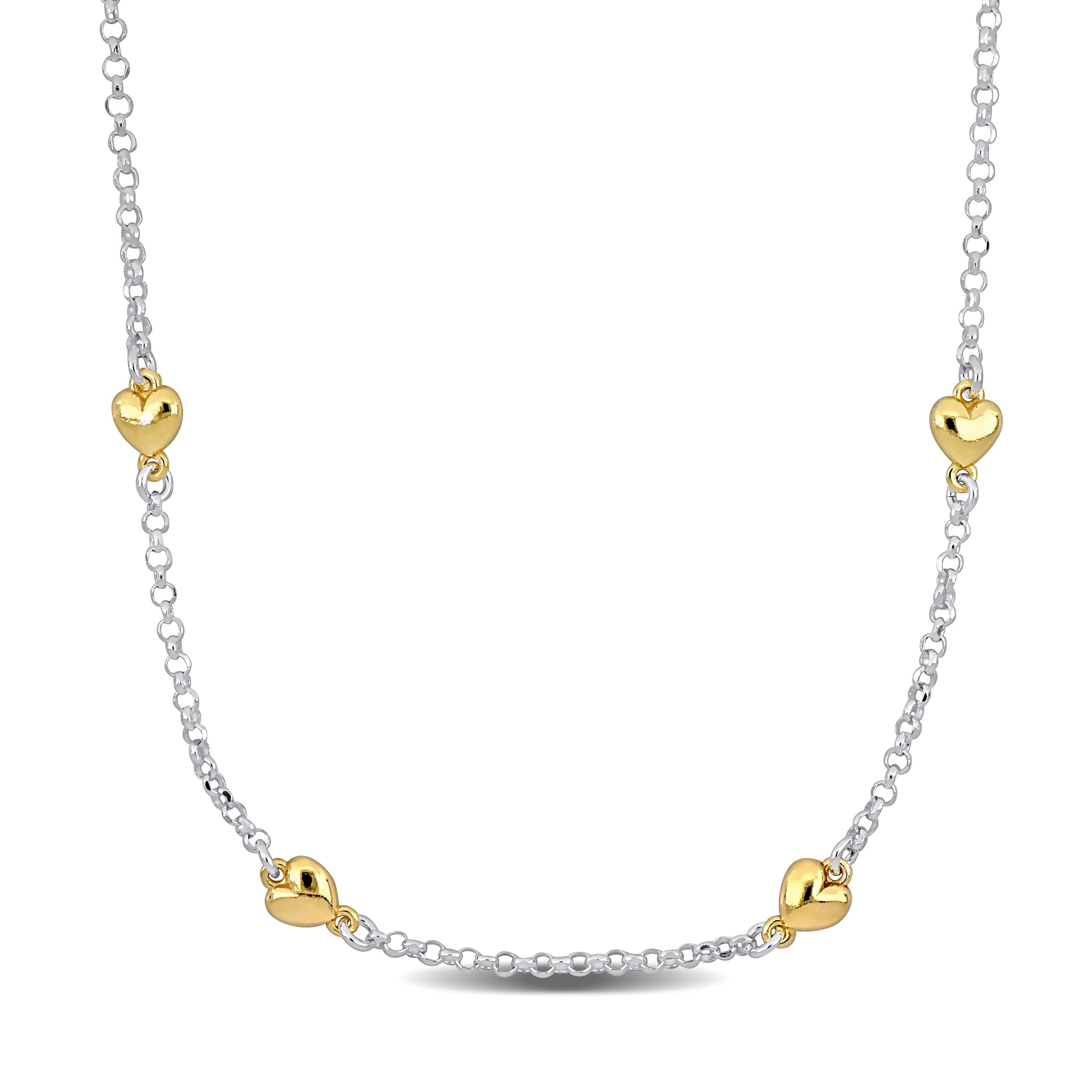Mimi & Max Four Heart Charm Station Necklace in Two-Tone Yellow and White Sterling Silver-16.5+1 in