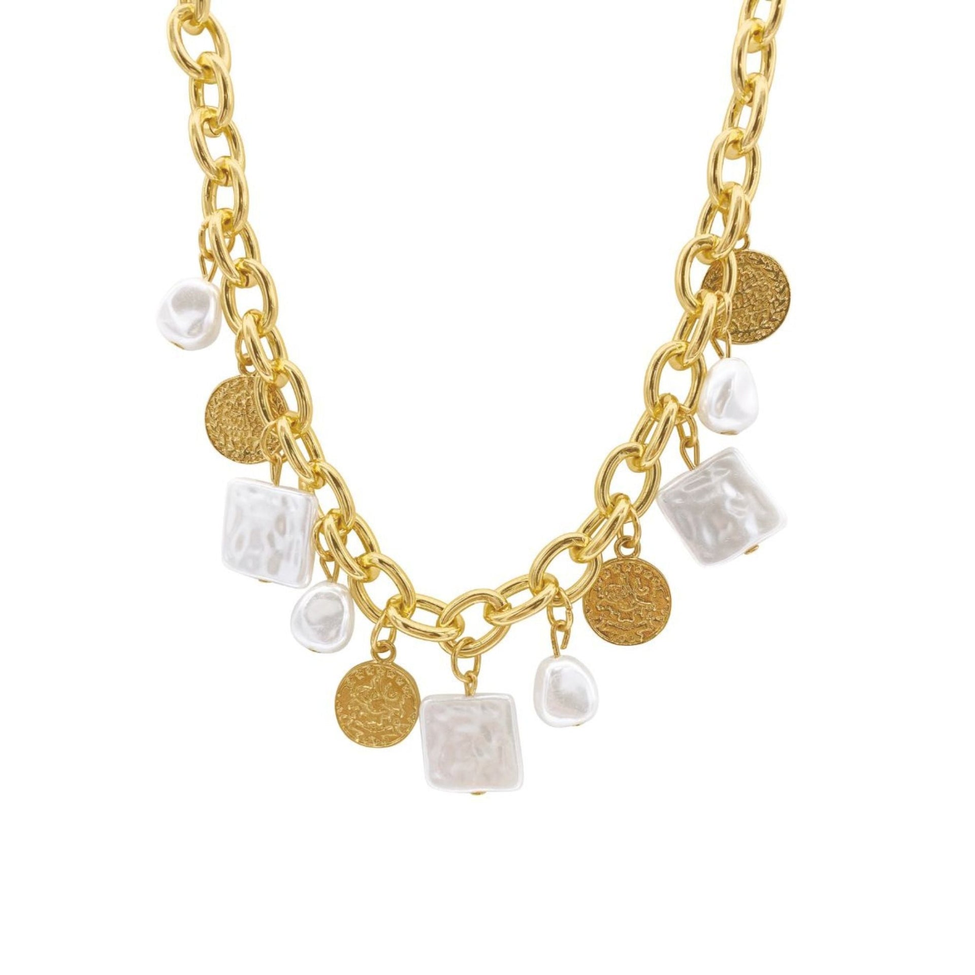 14k Gold Plated Oval Link Chain With Hammered Coin And Multishape Pearl Charms Necklace