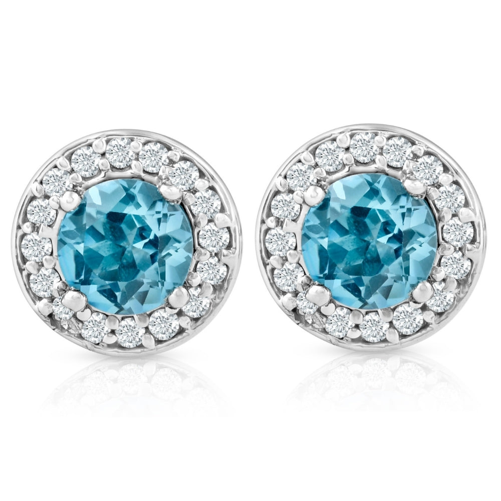 3/4ct Halo Diamond Blue Topaz Studs 14K White Gold