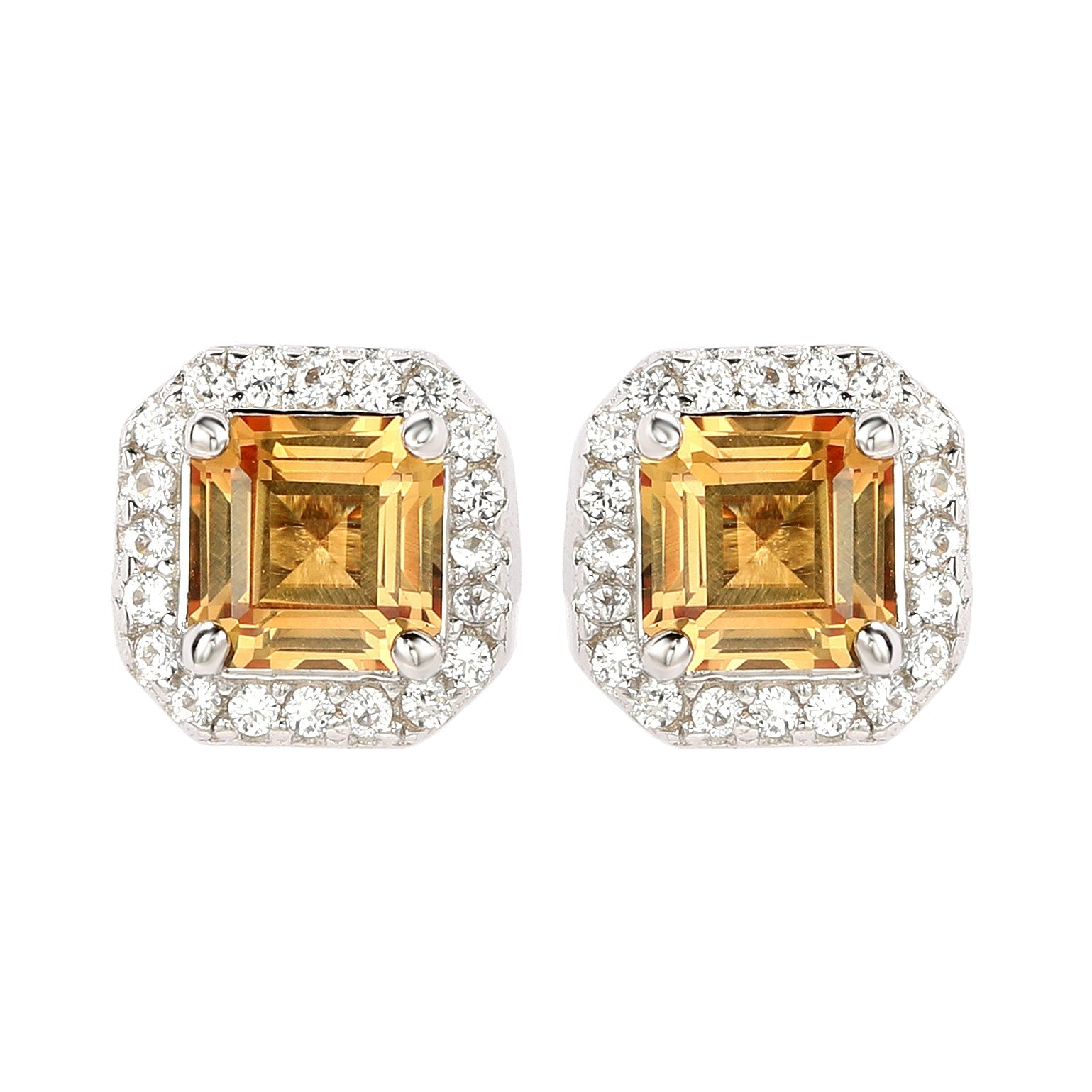 Suzy Levian Sterling Silver Assher Cut Yellow Sapphire Halo Stud Earrings