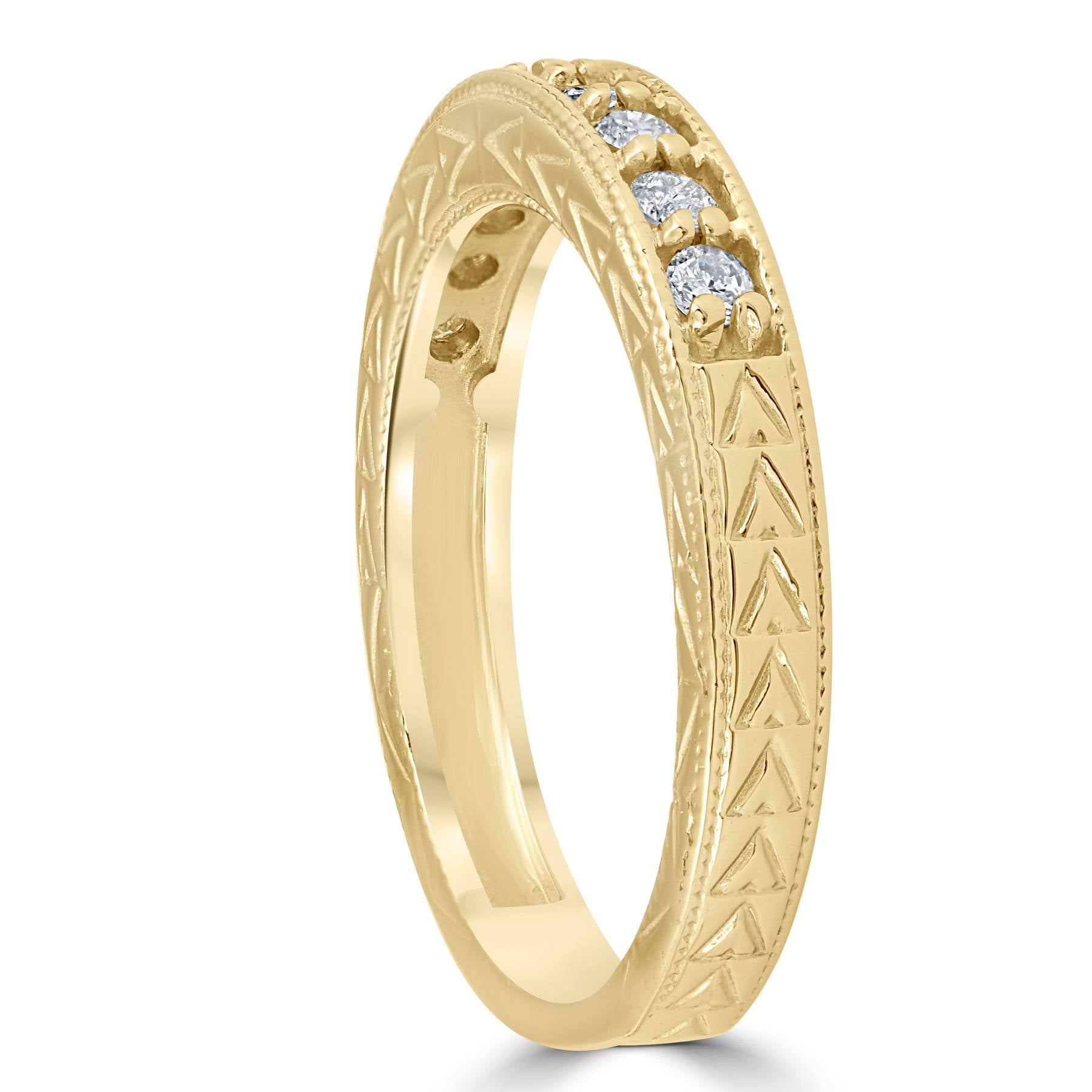 1/4ct Hand Engraved 14k Yellow Gold Diamond Wedding Ring