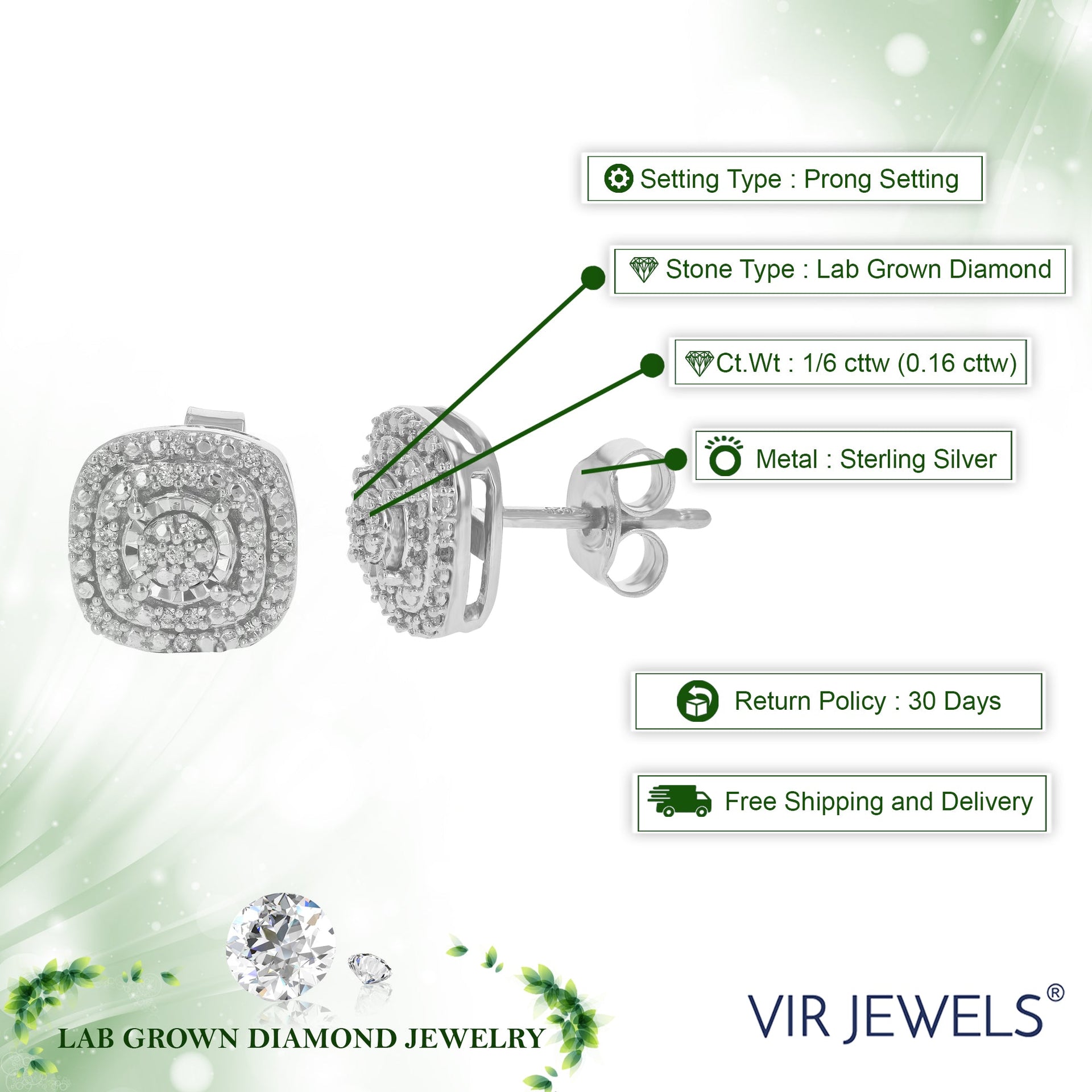 1/6 cttw Stud Earrings Made with Round Lab Grown Diamonds In .925 Sterling Silver Prong Settings