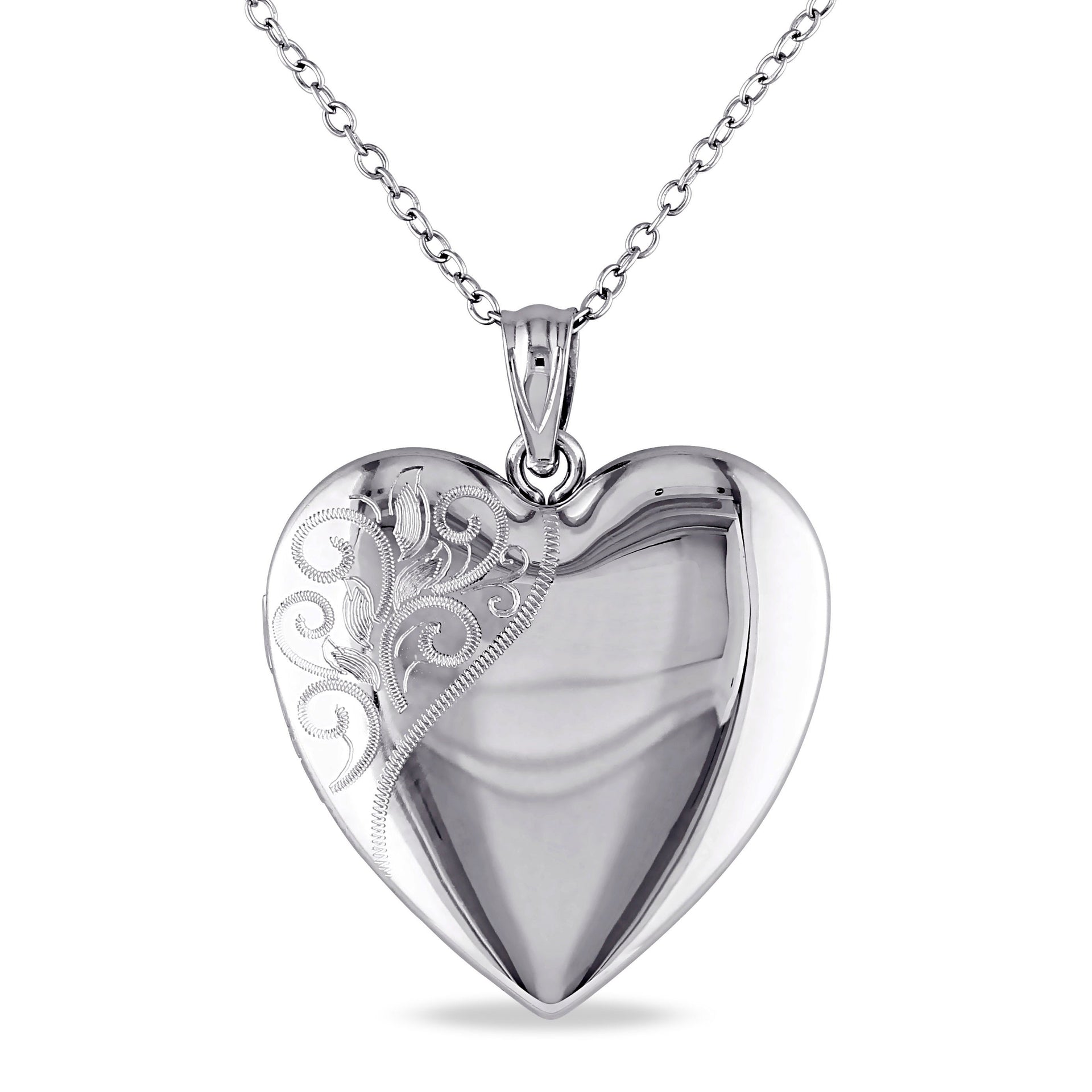 Engraved Heart Locket Pendant with Chain in Sterling Silver