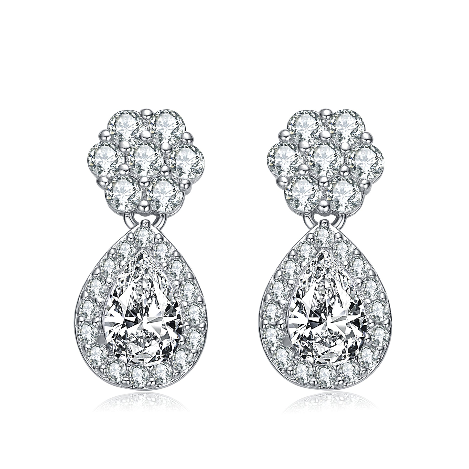 Sterling Silver Cubic Zirconia Halo Flower Post Drop Earrings