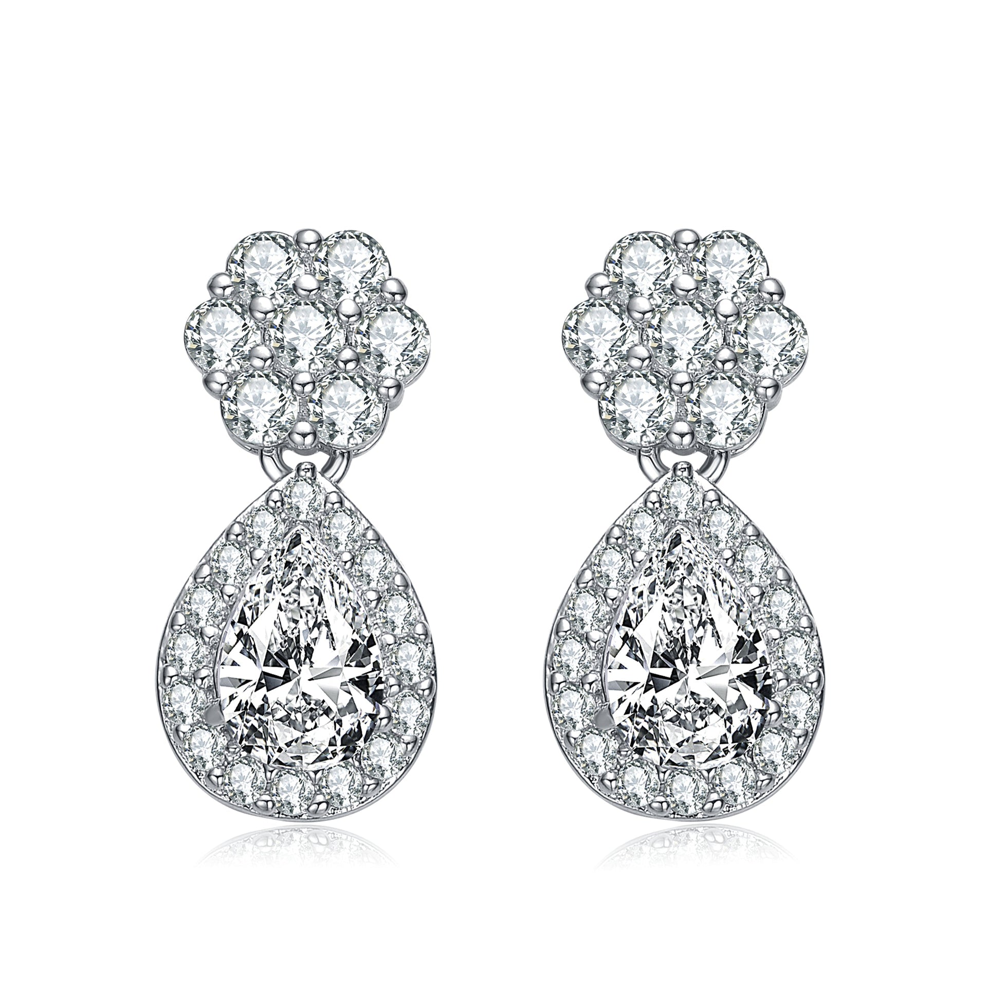 Sterling Silver Cubic Zirconia Halo Flower Post Drop Earrings